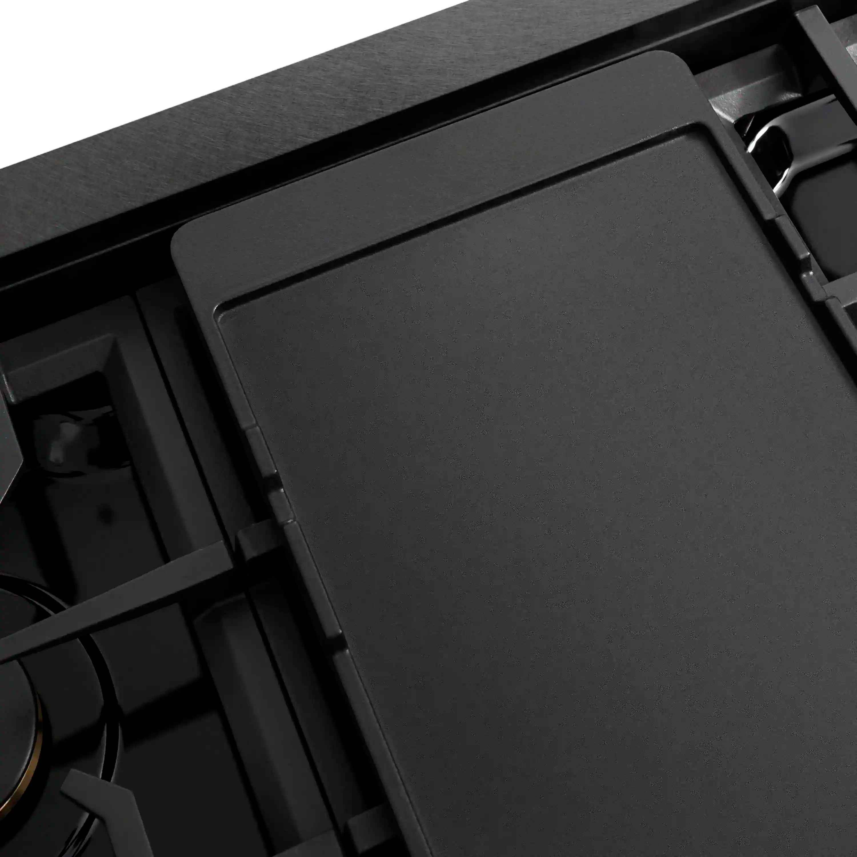 Black griddle insert with smooth surface and surrounding burner grates