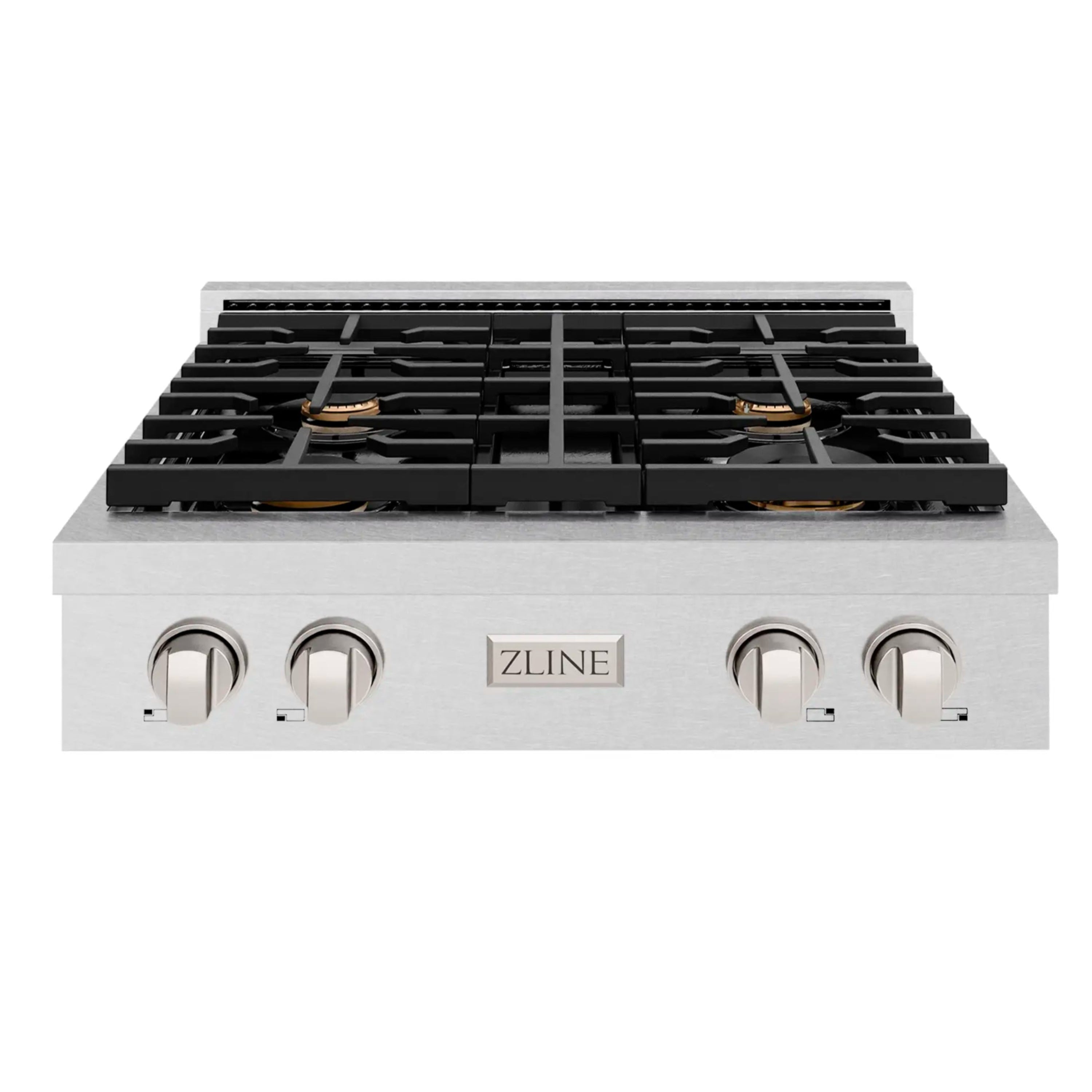 30-inch gas rangetop with four brass-accent burners and black grates on satin stainless steel