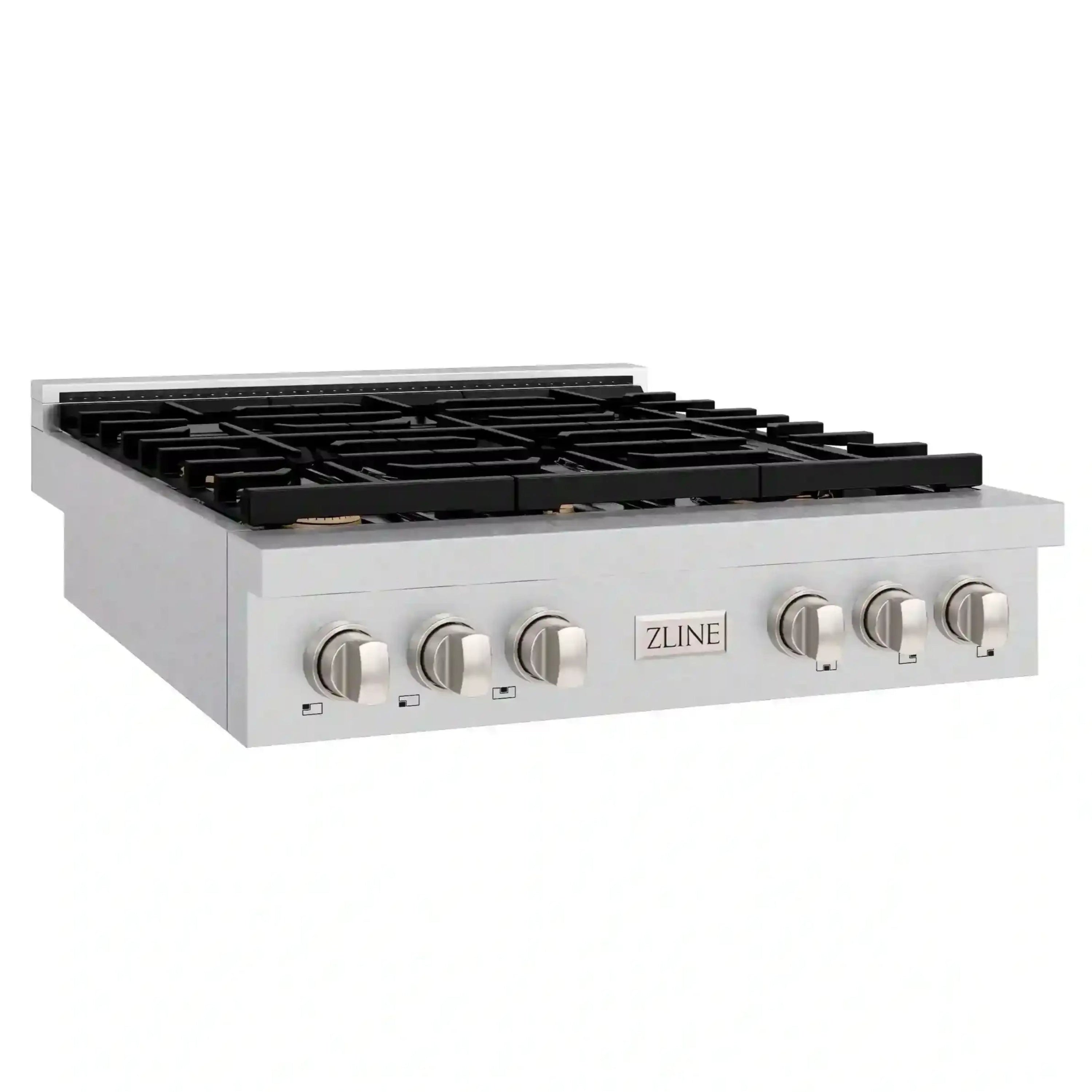 Stainless steel gas rangetop front with six knobs and black cast-iron grates