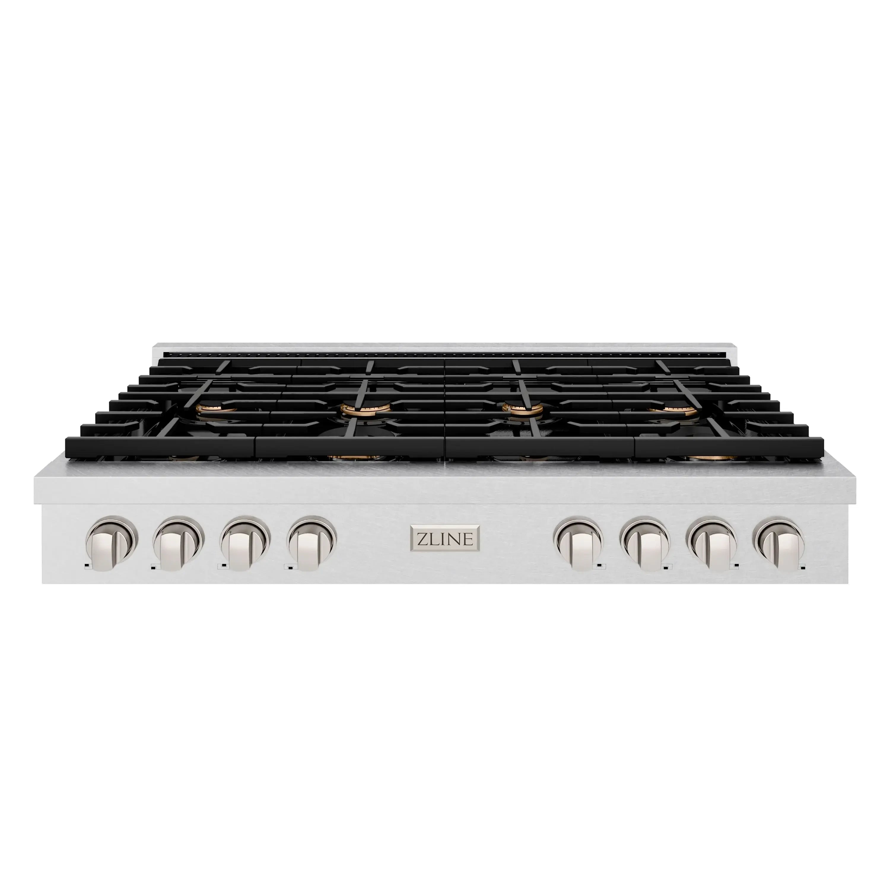 ZLINE 48-inch gas rangetop front view with black grates and stainless control panel