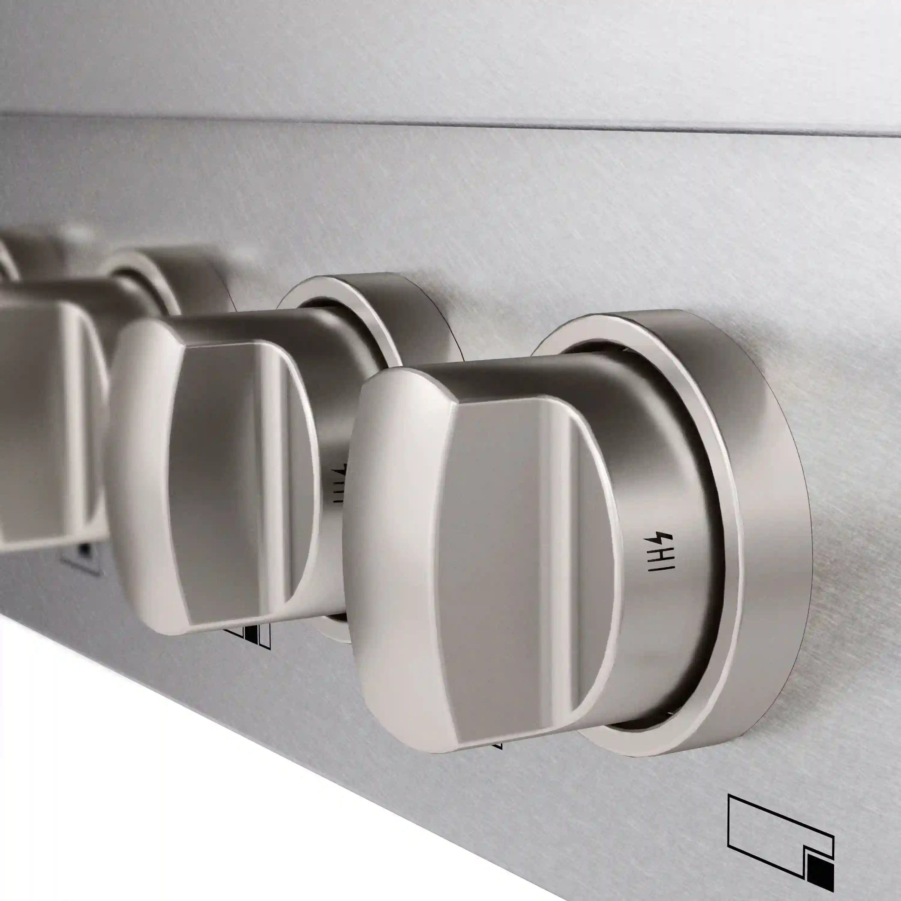 ZLINE stainless steel control knob on gas rangetop with four-sided knob grip