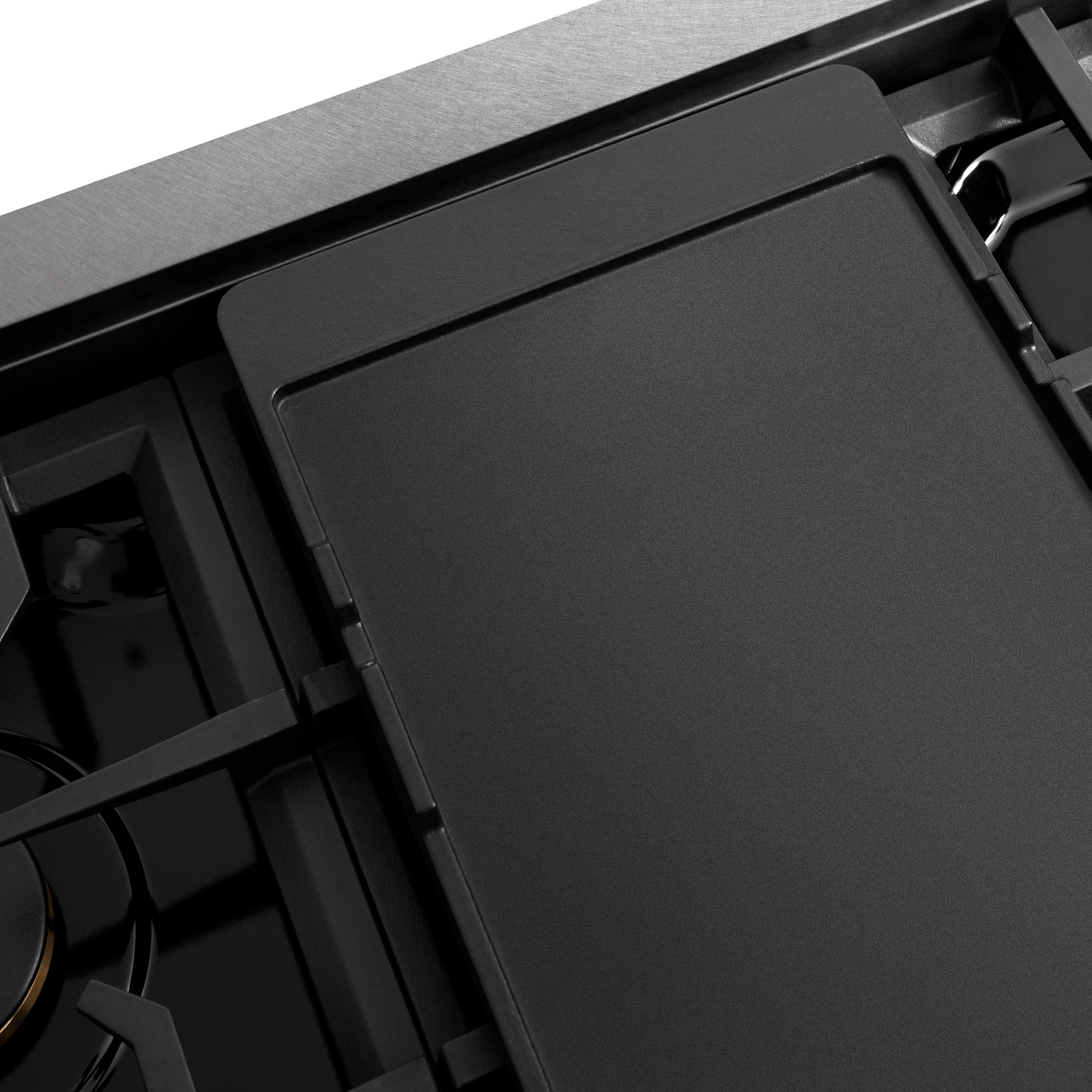 ZLINE gas rangetop griddle insert with black cooking surface and metal frame details