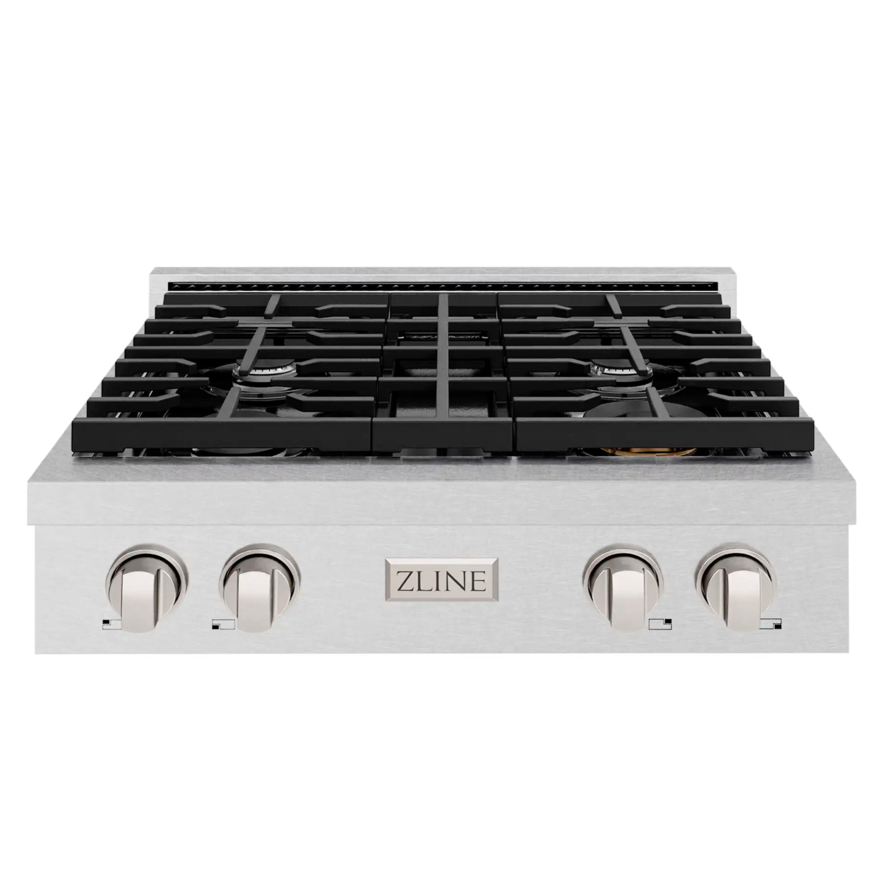 Stainless steel 4-burner gas rangetop with black grate and four front knobs