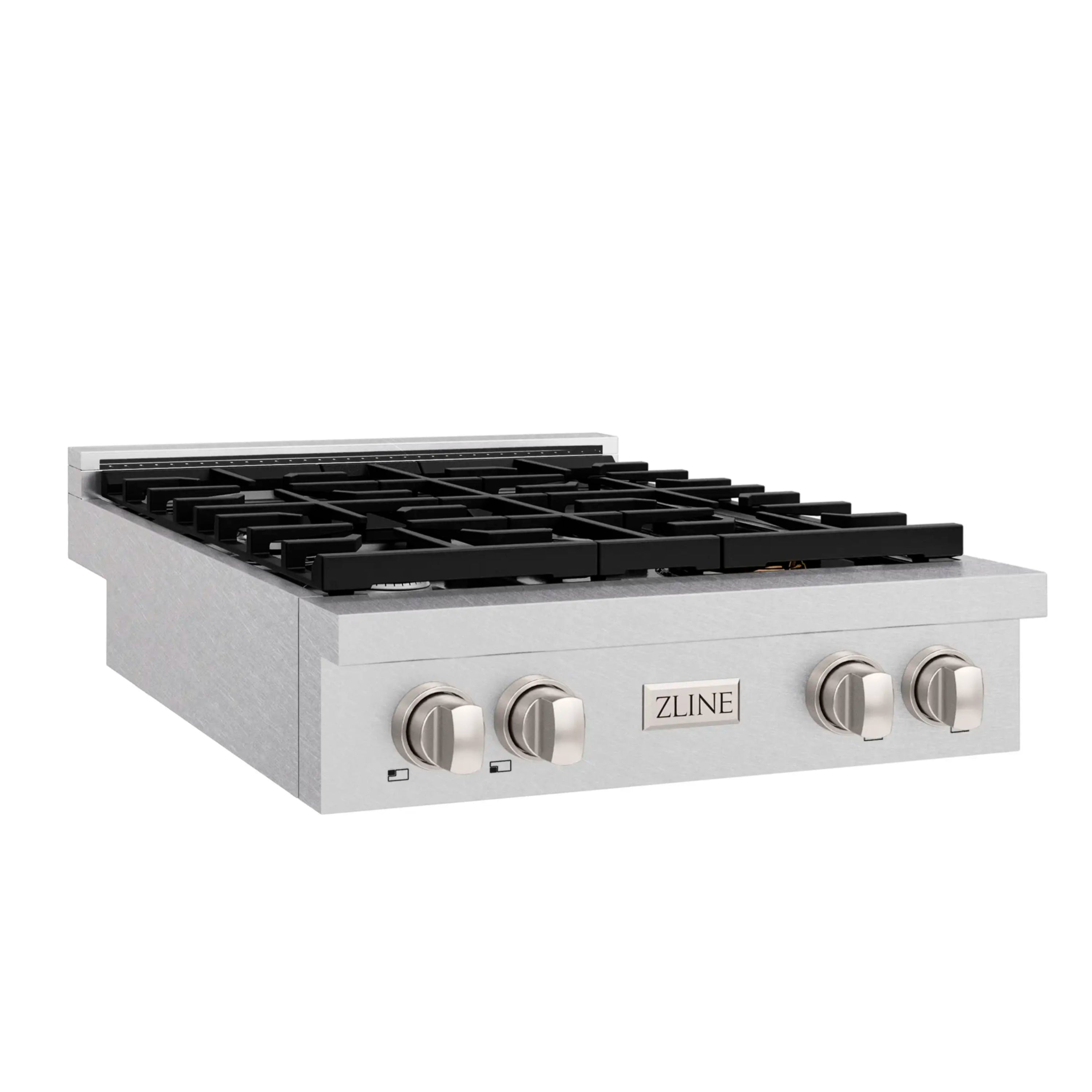 Stainless steel 4-burner gas rangetop with black grates and four front control knobs