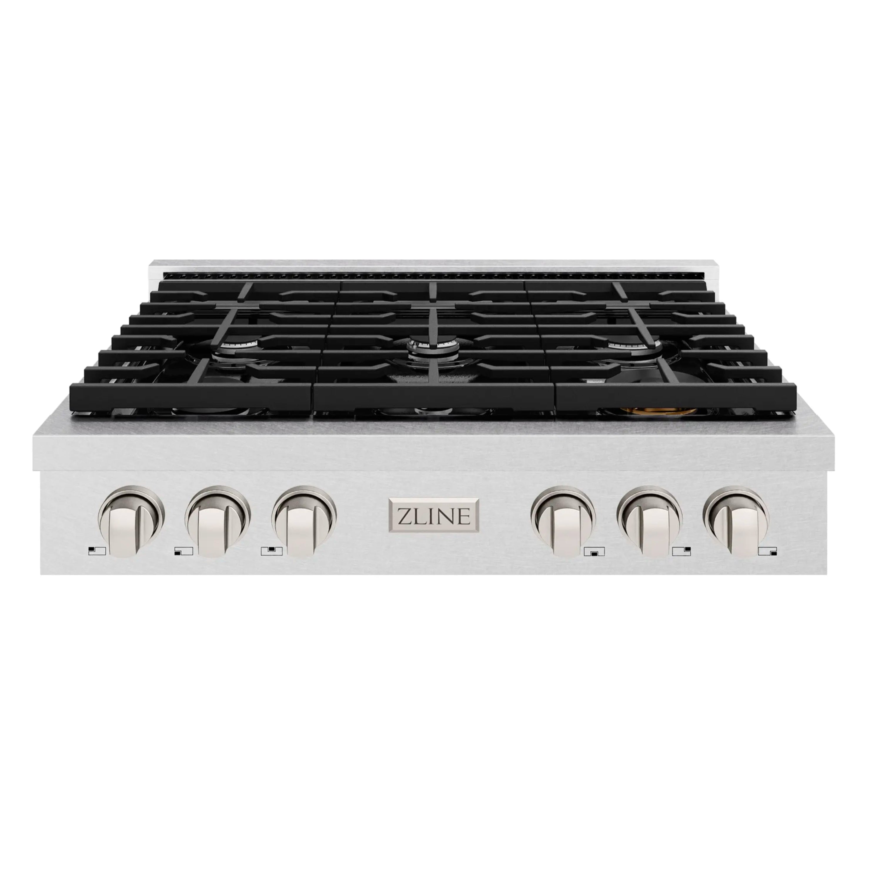 36-inch gas rangetop with black grates and stainless front control knobs, front view
