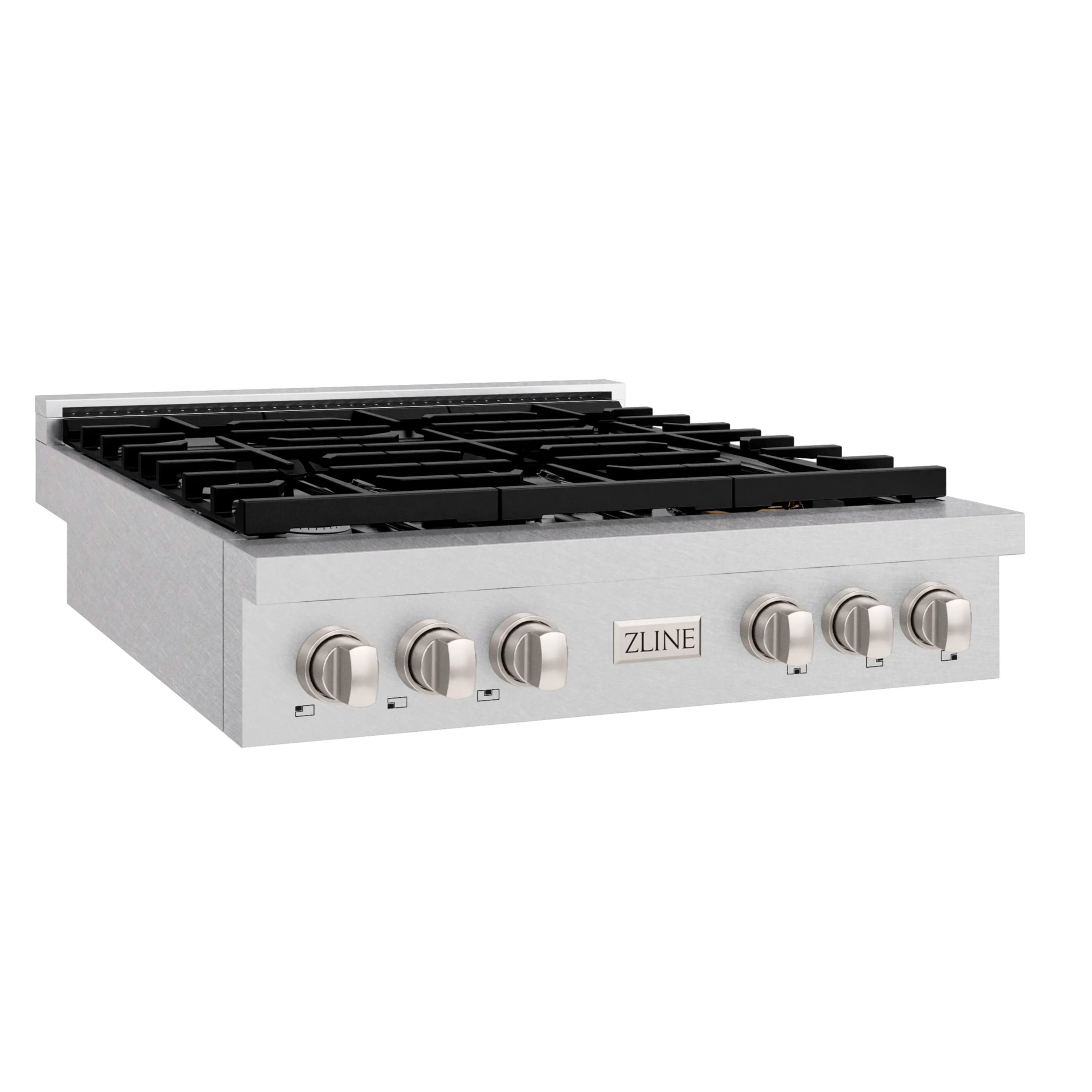 36-inch gas rangetop with six burner grates and front control knobs in satin stainless