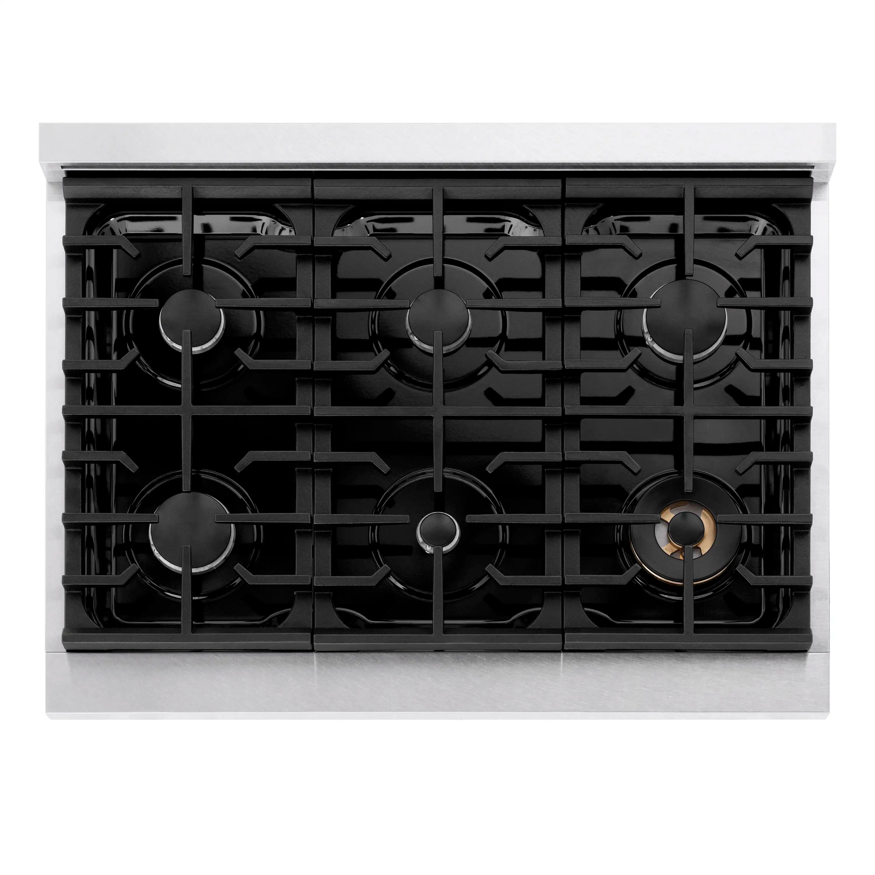 Gas cooktop with six black burner caps and heavy-duty grate set