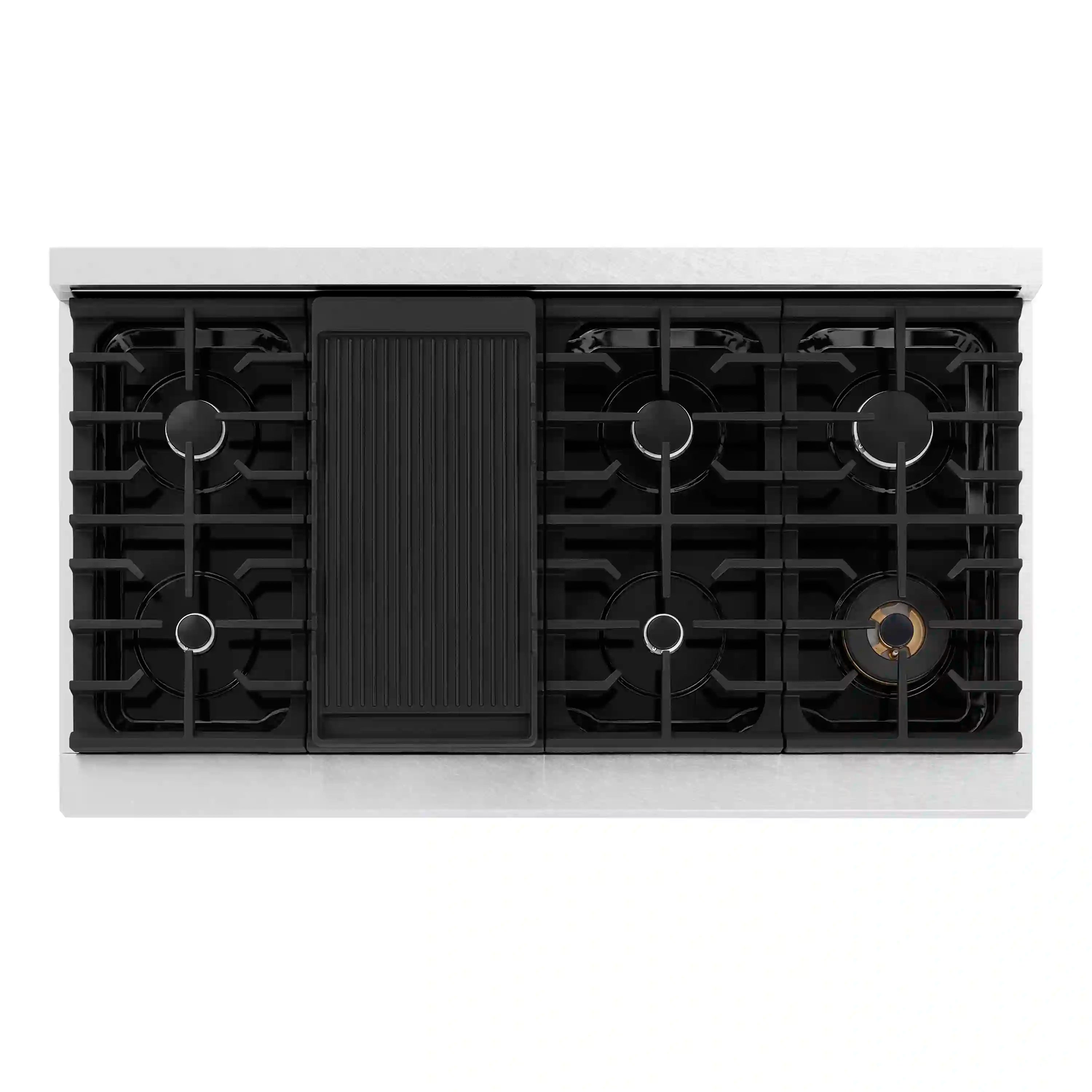 Built-in gas rangetop top view with black burner grates and center grate