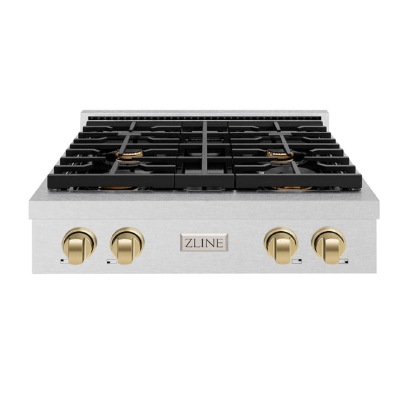 ZLINE Autograph Edition 30-Inch Paramount Gas Rangetop with 4 Burners and Porcelain Cooktop in DuraSnow Stainless Steel with Champagne Bronze Accents (SRTSZ-30-CB)