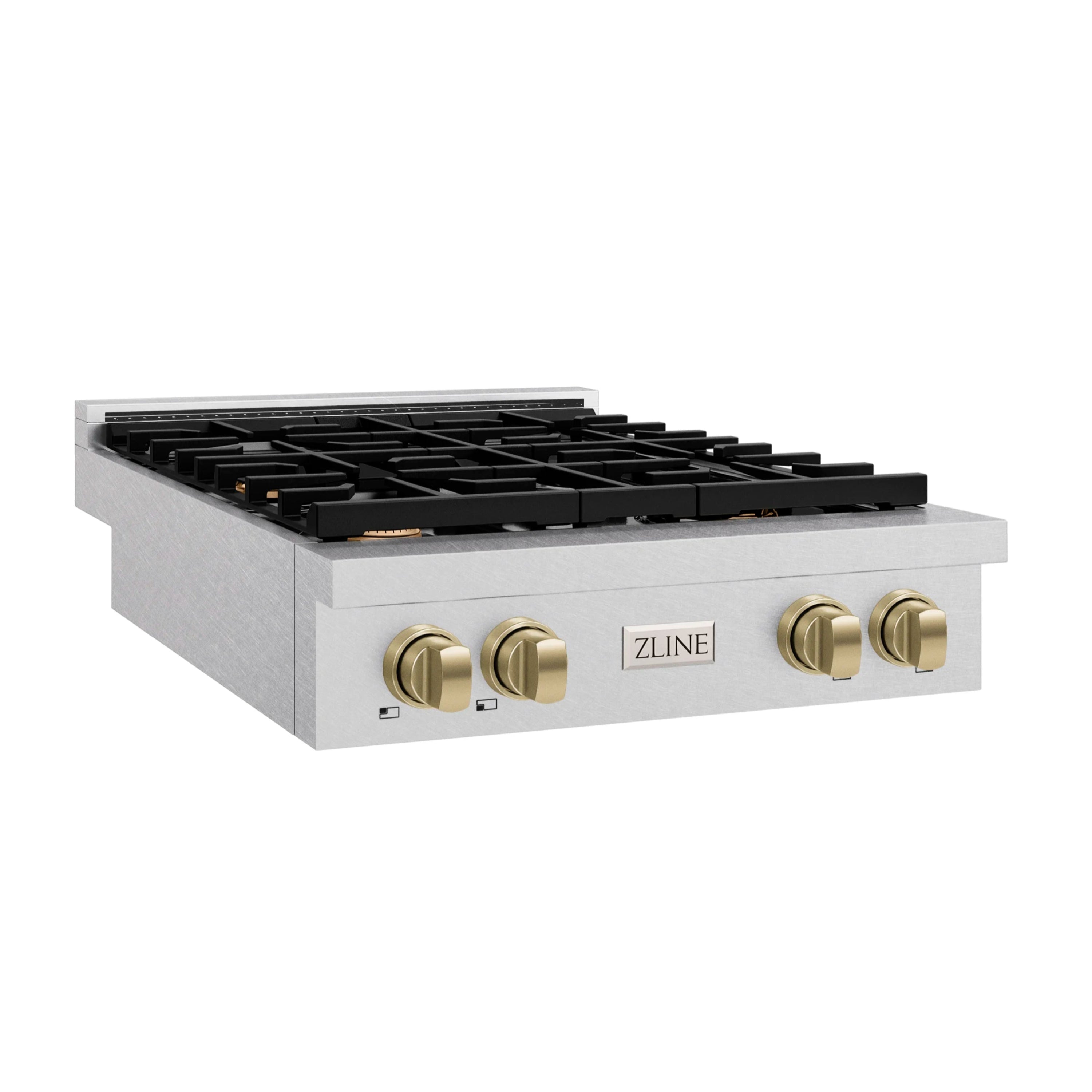 4-burner gas rangetop with black grates, satin stainless body, champagne bronze control knobs