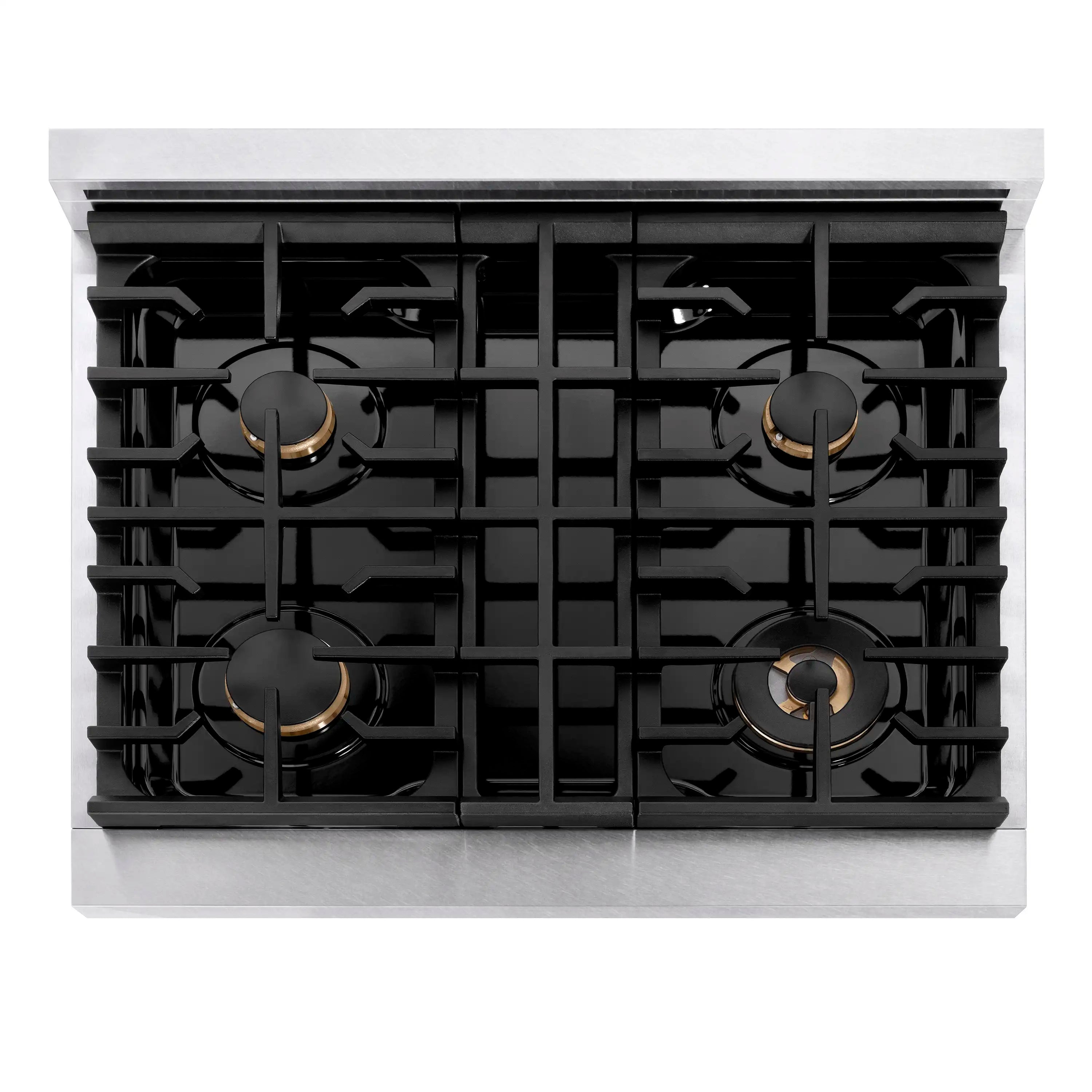 Top view of 4-burner gas cooktop with black grates and bronze-trimmed burners