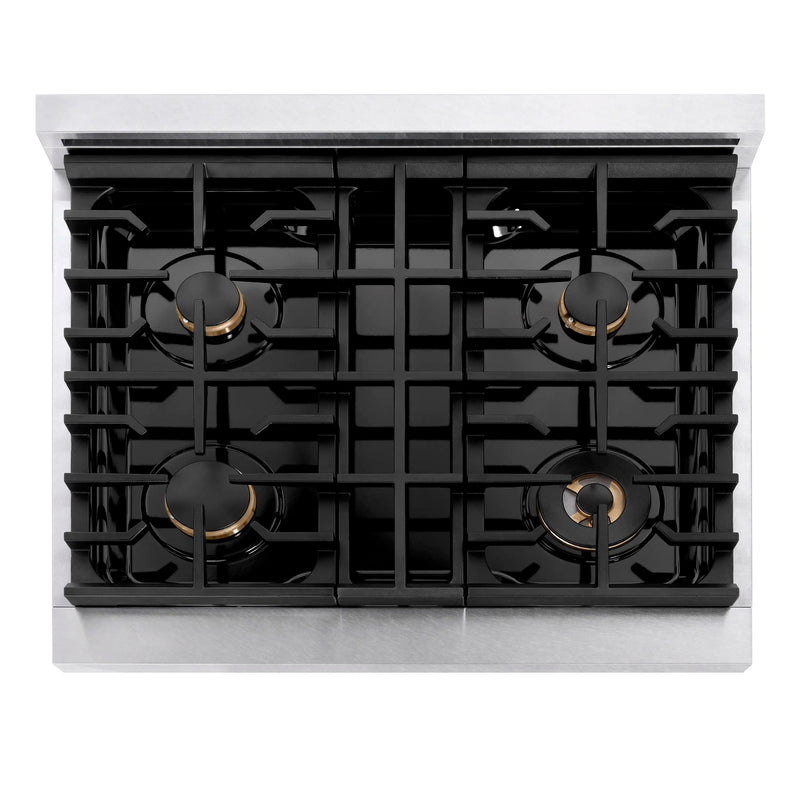 ZLINE Autograph Edition 30-Inch Paramount Gas Rangetop with 4 Burners and Porcelain Cooktop in DuraSnow Stainless Steel with Champagne Bronze Accents (SRTSZ-30-CB)