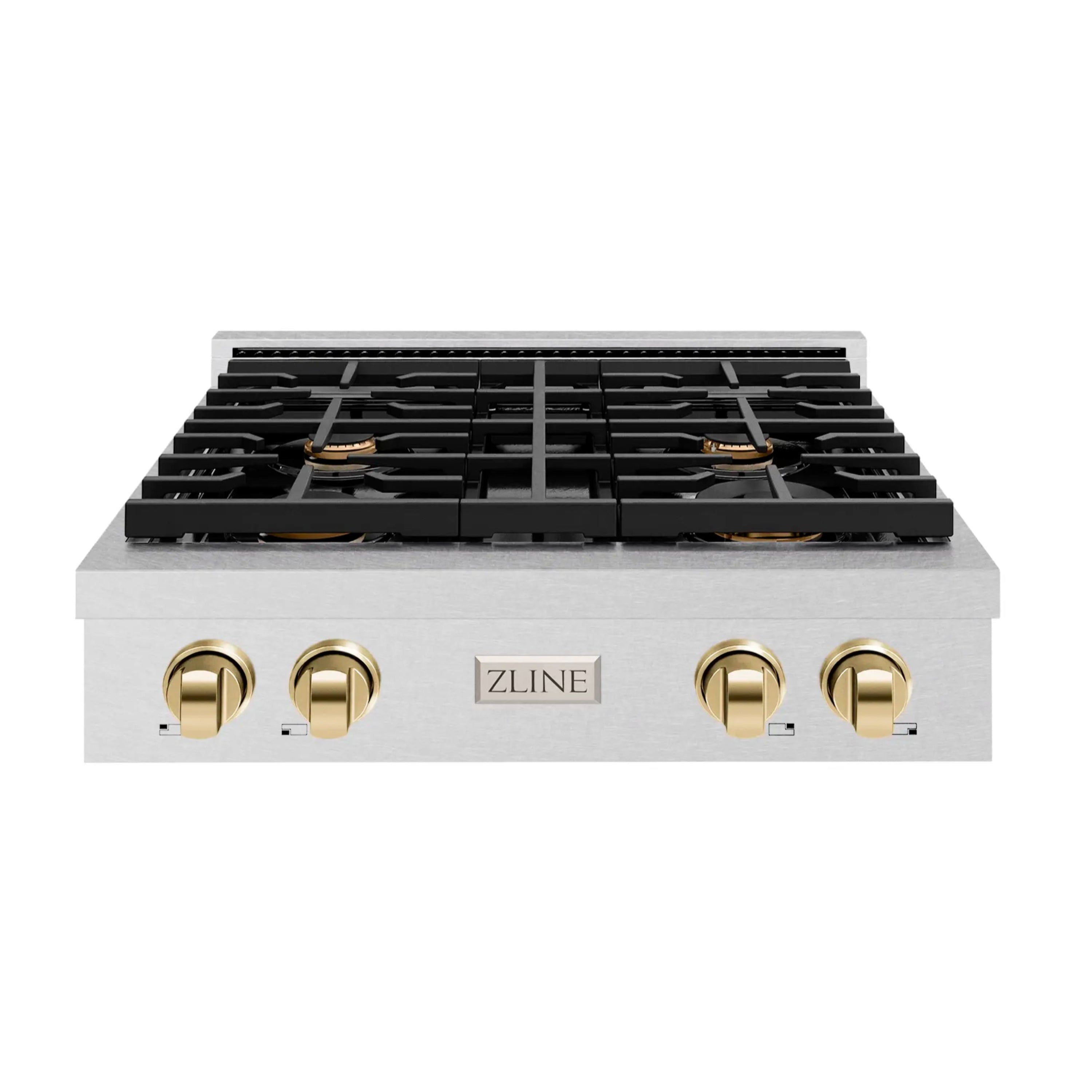 Satin stainless steel 4-burner gas rangetop with black grates and polished gold control knobs