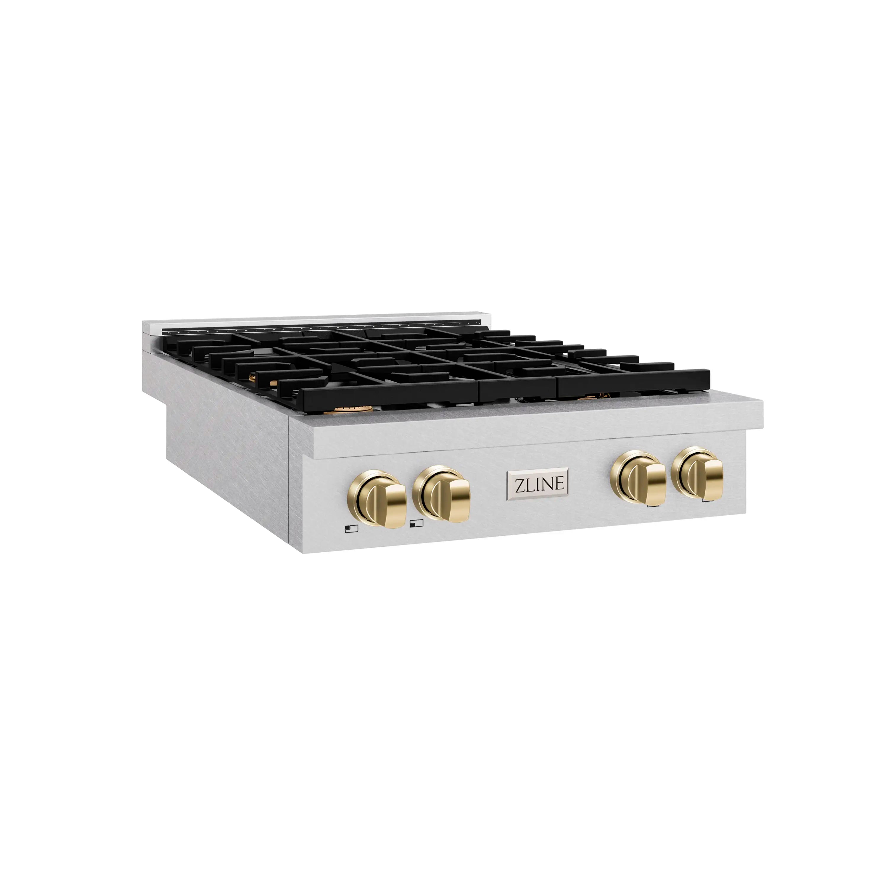 4-burner gas rangetop with black grates and polished gold control knobs on satin stainless steel