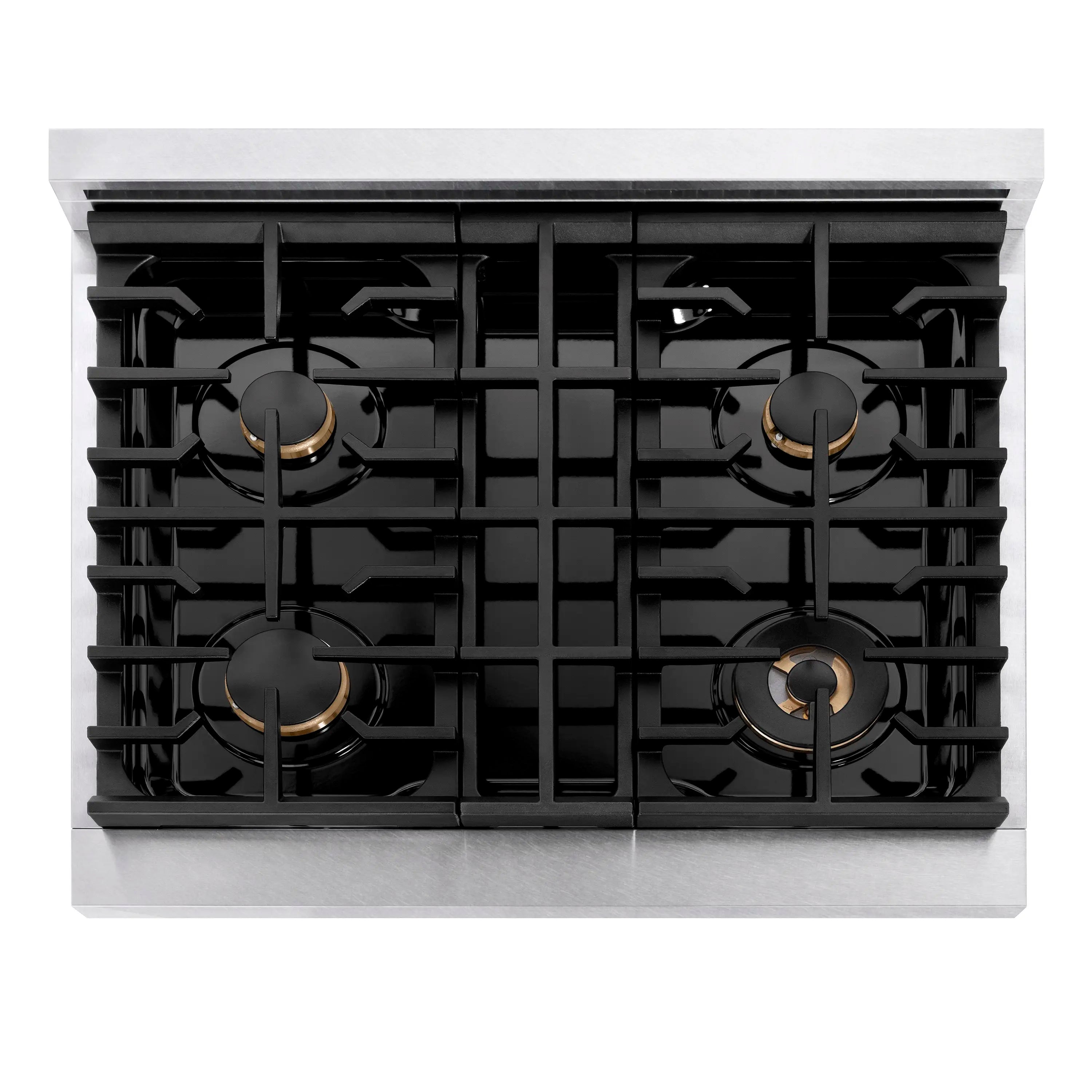 4-burner gas cooktop with black cast-iron grates and gold burner accents