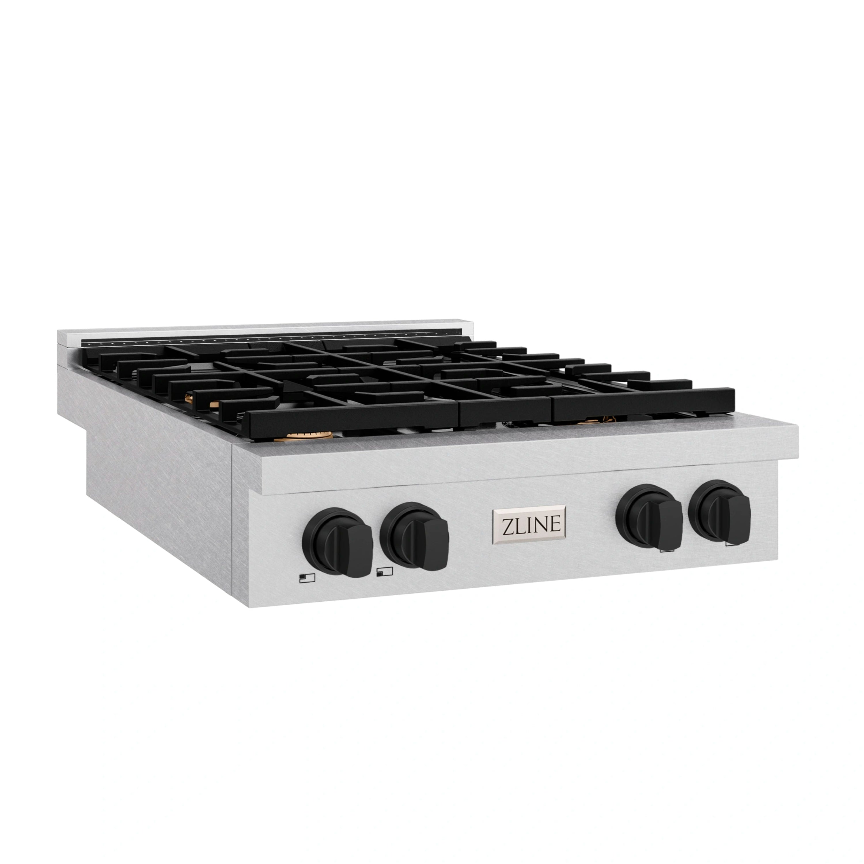 Four-burner gas rangetop with black grates and four black front control knobs