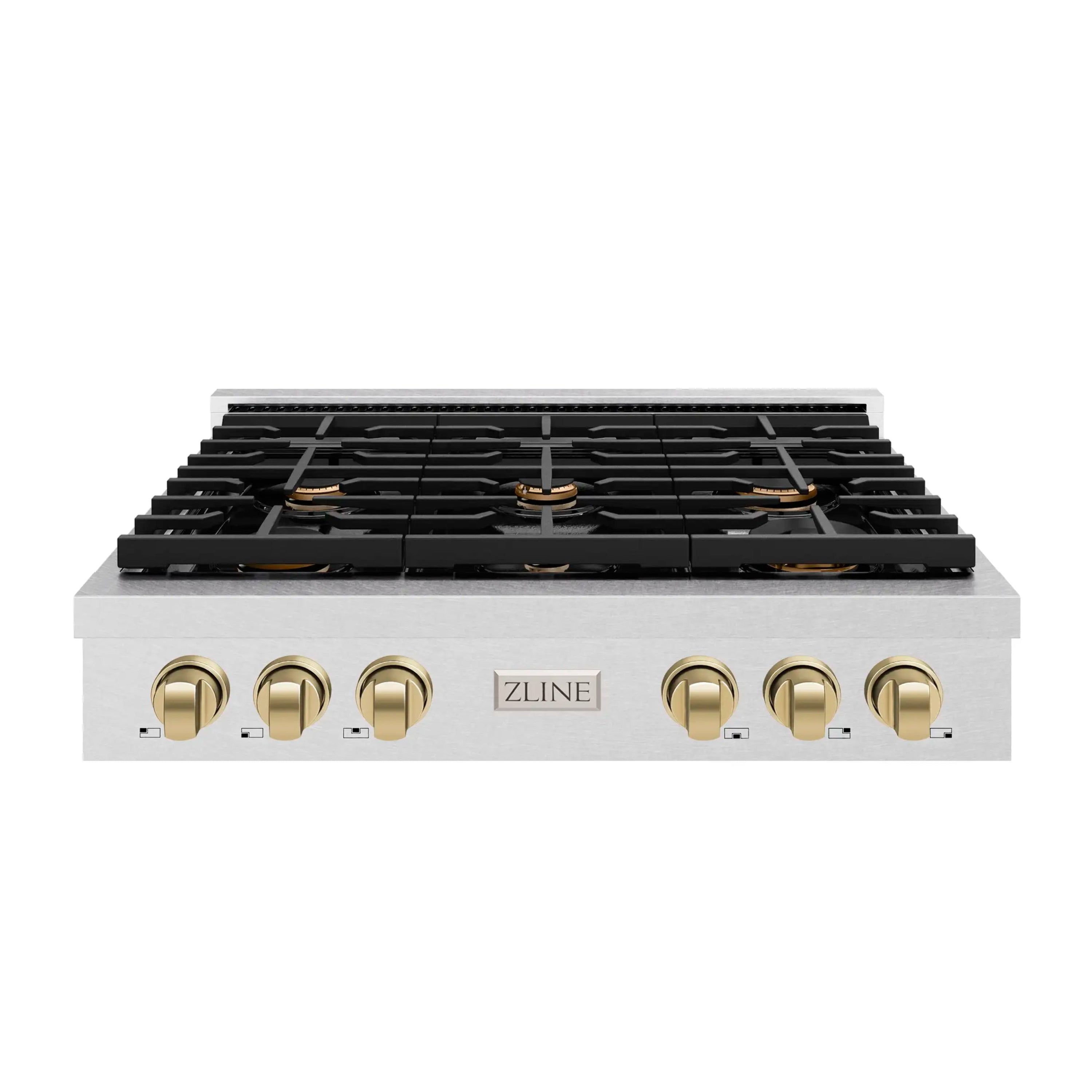 Stainless steel gas rangetop with six black burner grates and champagne bronze control knobs