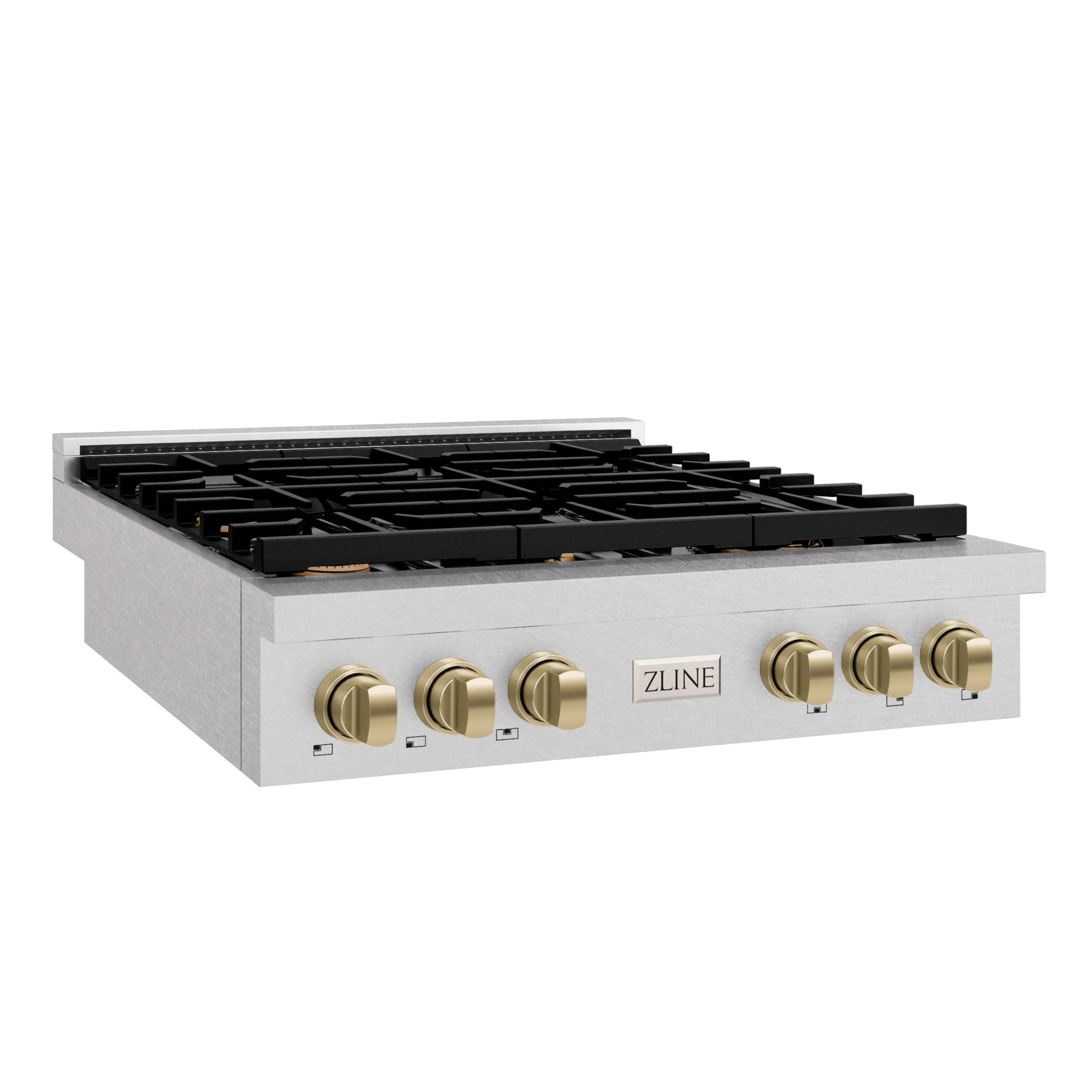 Stainless steel 6-burner gas rangetop with black grates and champagne bronze control knobs