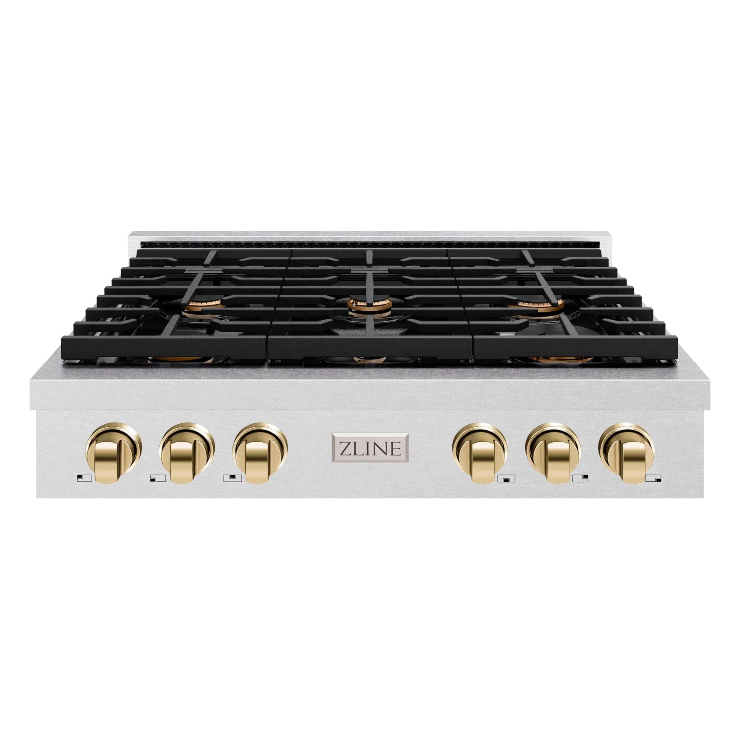 ZLINE Paramount gas rangetop with six burners, satin stainless front and gold knobs