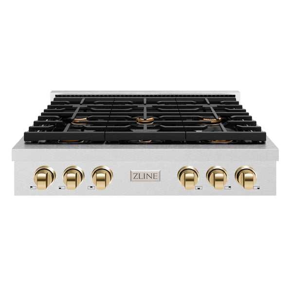 ZLINE Autograph Edition 36-Inch Paramount Gas Rangetop with 6 Burners and Porcelain Cooktop in DuraSnow Stainless Steel with Polished Gold Accents (SRTSZ-36-G)