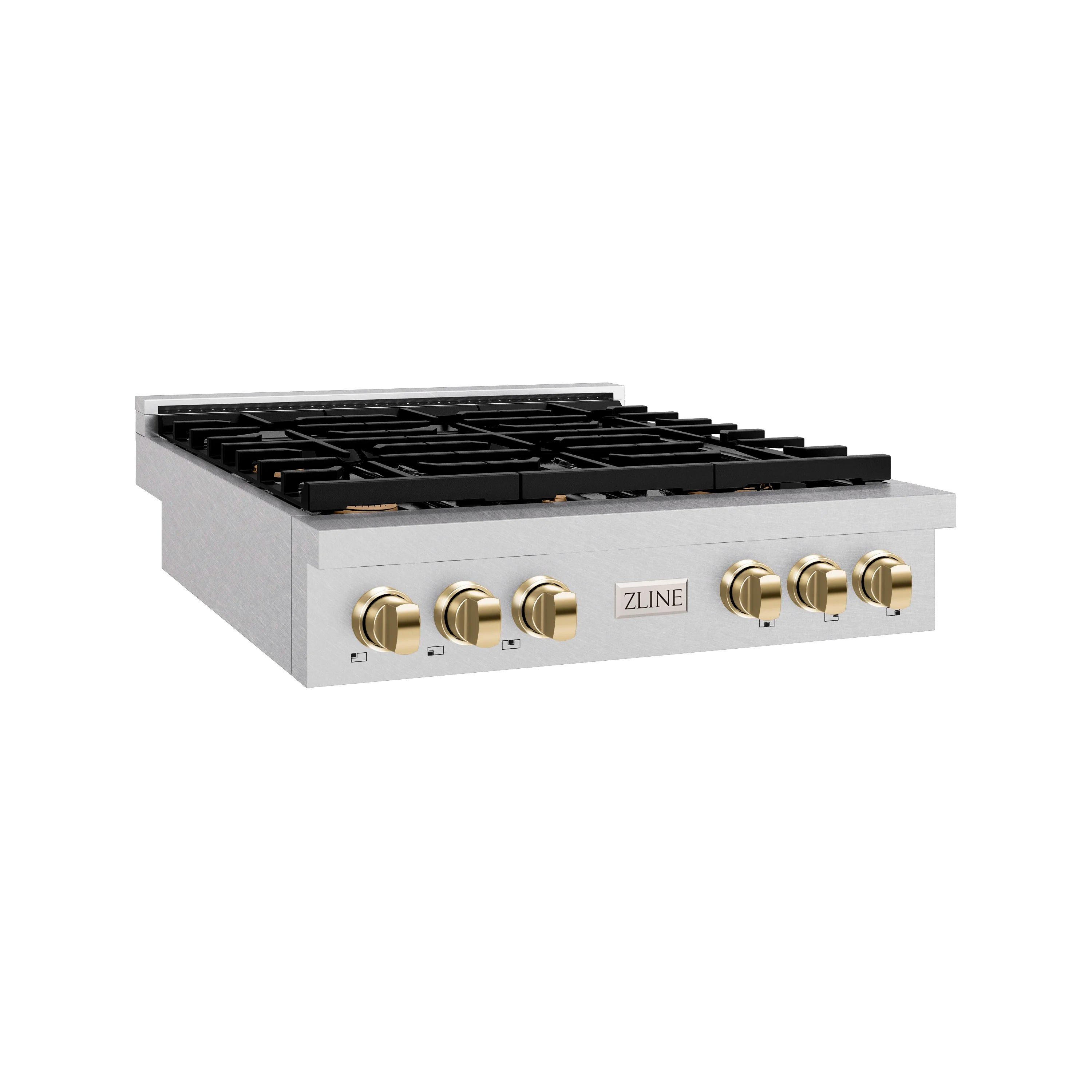 ZLINE Paramount gas rangetop with six burners, satin stainless body and gold control knobs