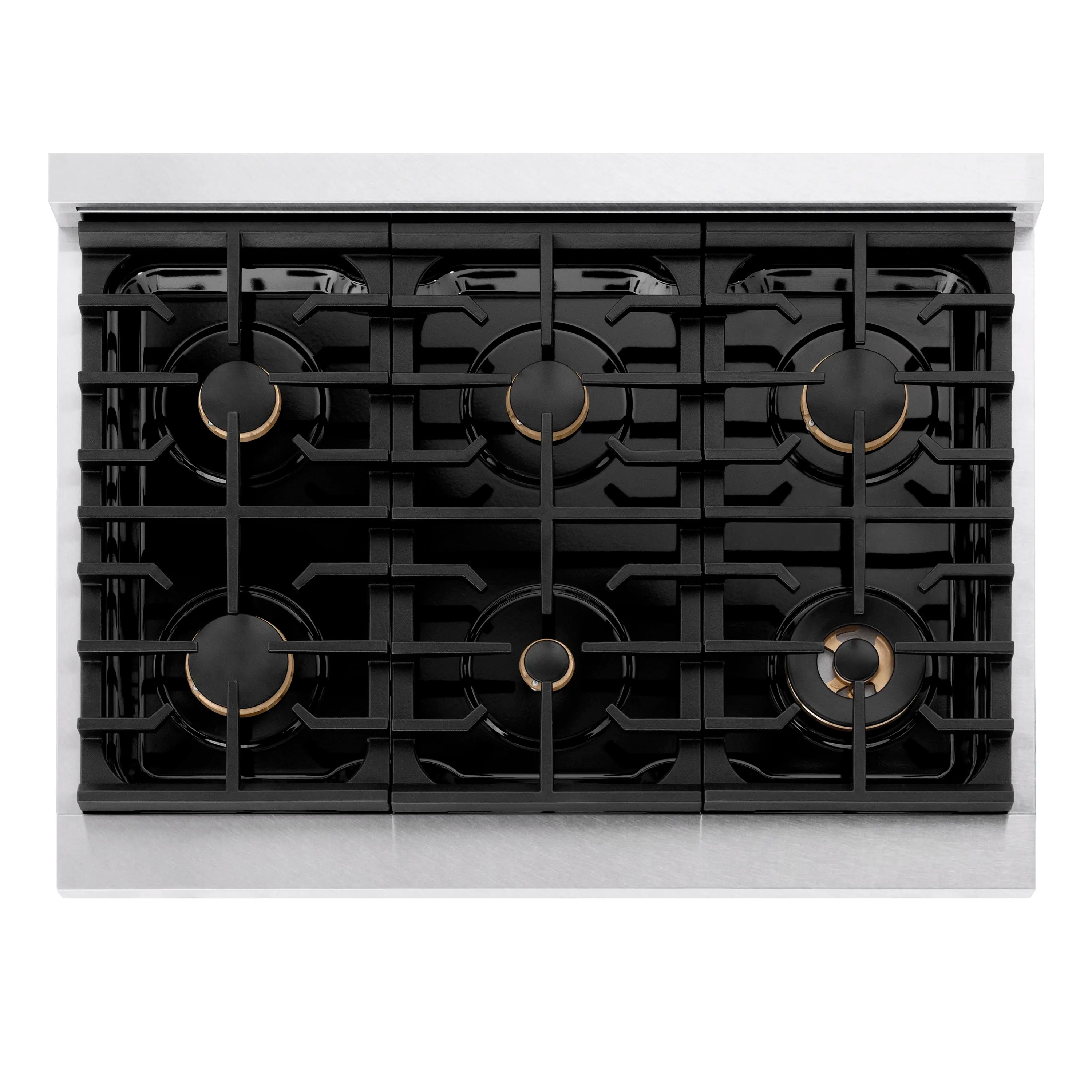 ZLINE Paramount gas rangetop front view with black grates and six burner positions