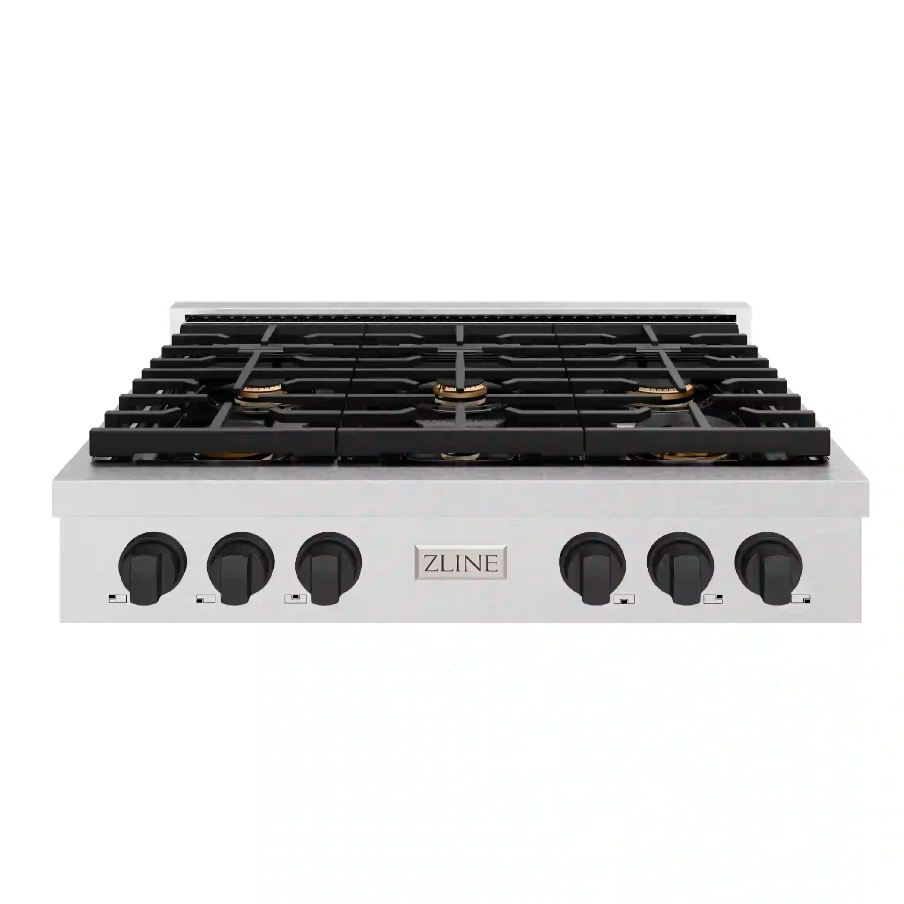 Stainless steel 6-burner gas rangetop with black burner grates and control knobs