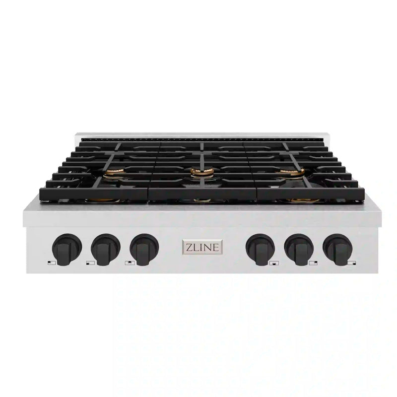 ZLINE Autograph Edition 36-Inch Paramount Gas Rangetop with 6 Burners and Porcelain Cooktop in DuraSnow Stainless Steel with Matte Black Accents (SRTSZ-36-MB)