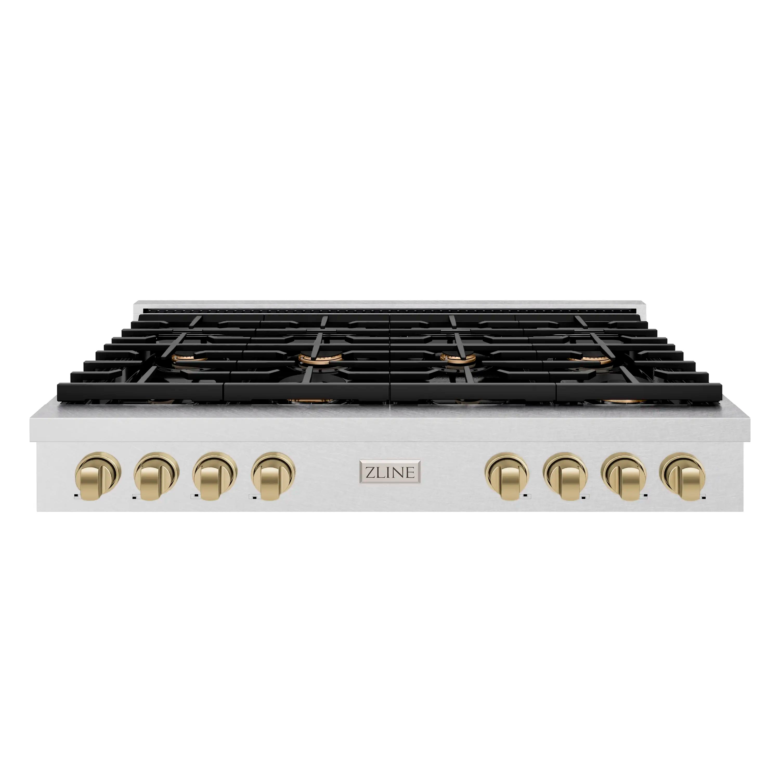 48-inch gas rangetop front view with black grates and bronze control knobs