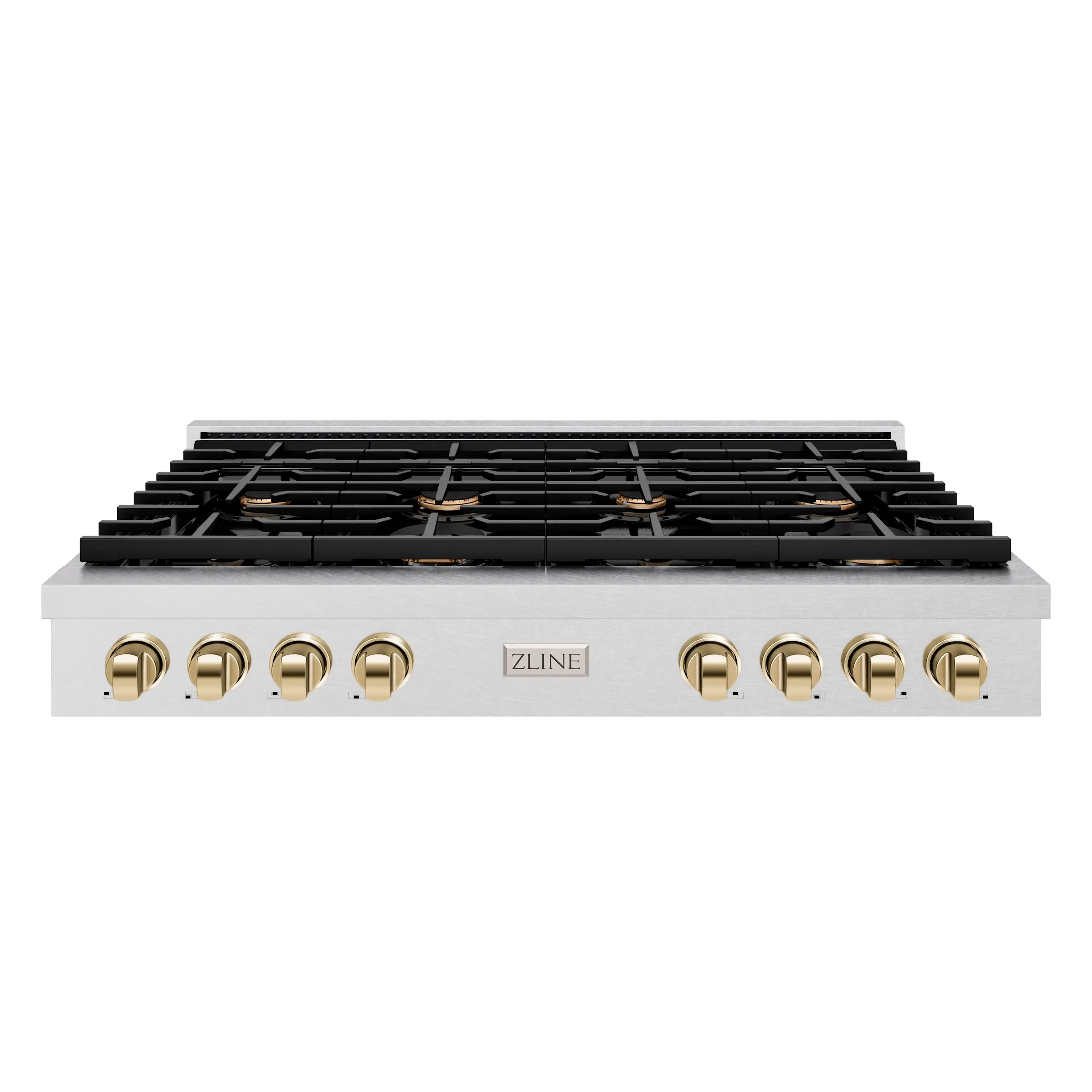 48-inch gas rangetop with eight burners, black grates, satin stainless front, gold knobs