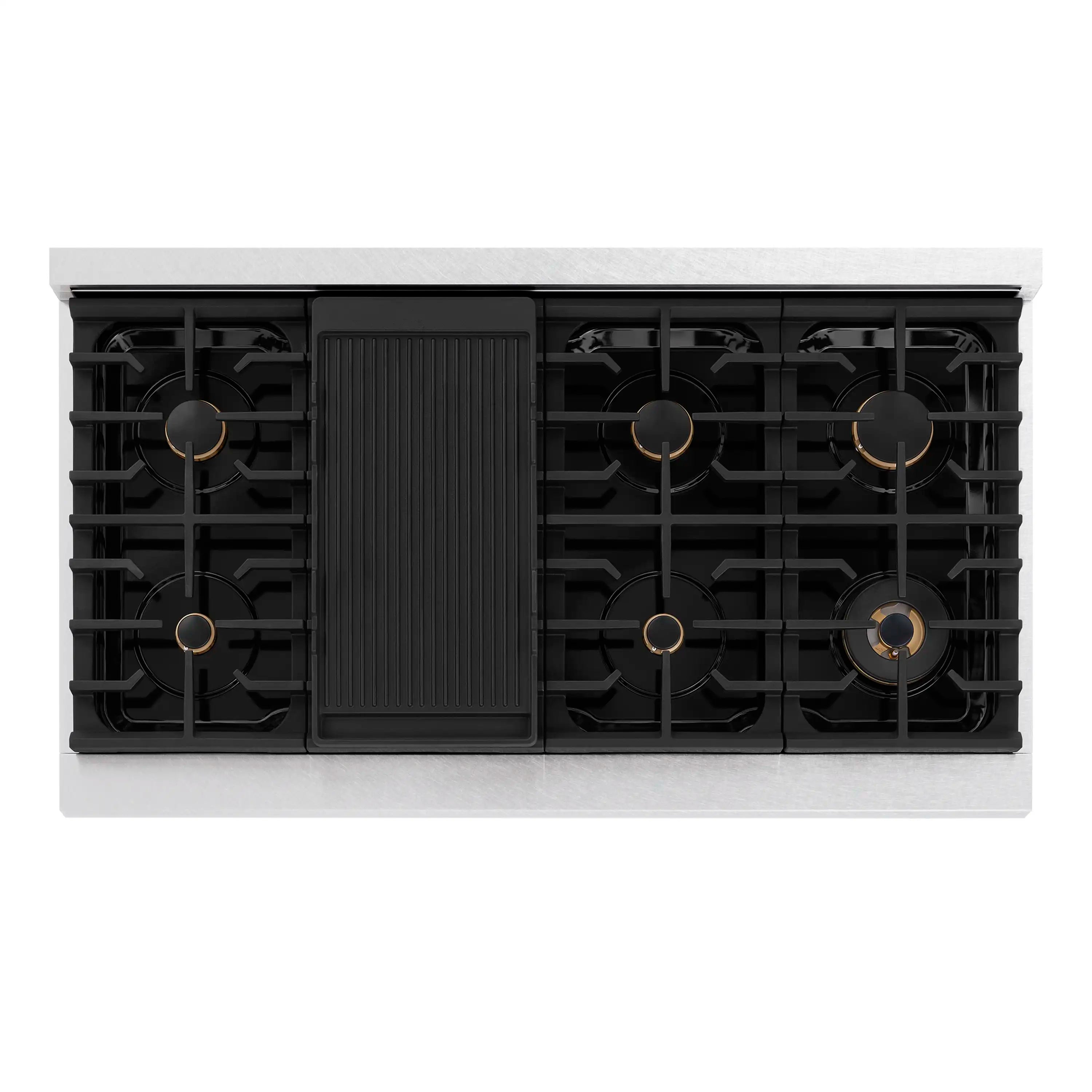 Top view of gas rangetop with eight burners, black grates, and center control panel