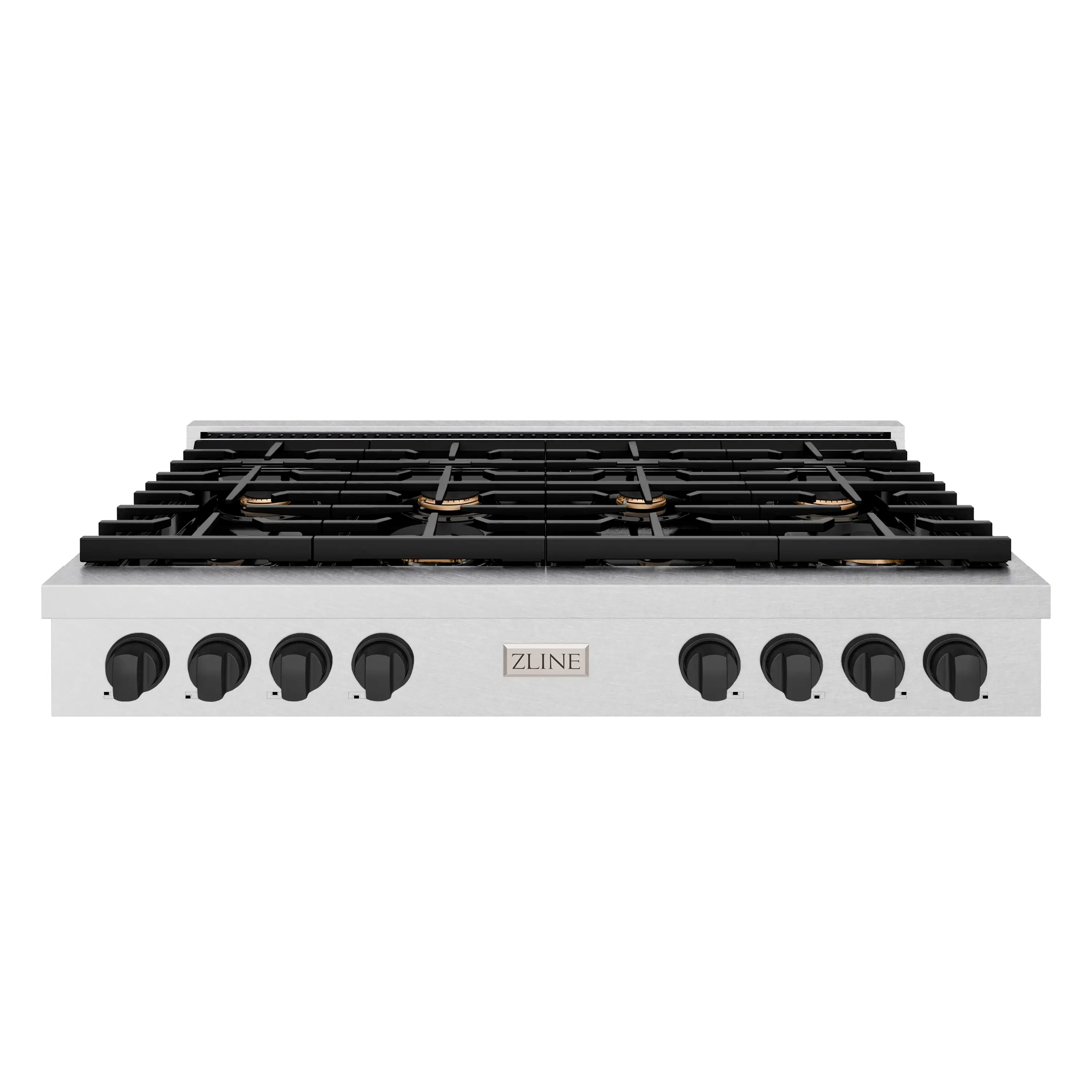 Gas cooktop with eight black grates and burner caps, satin stainless front panel