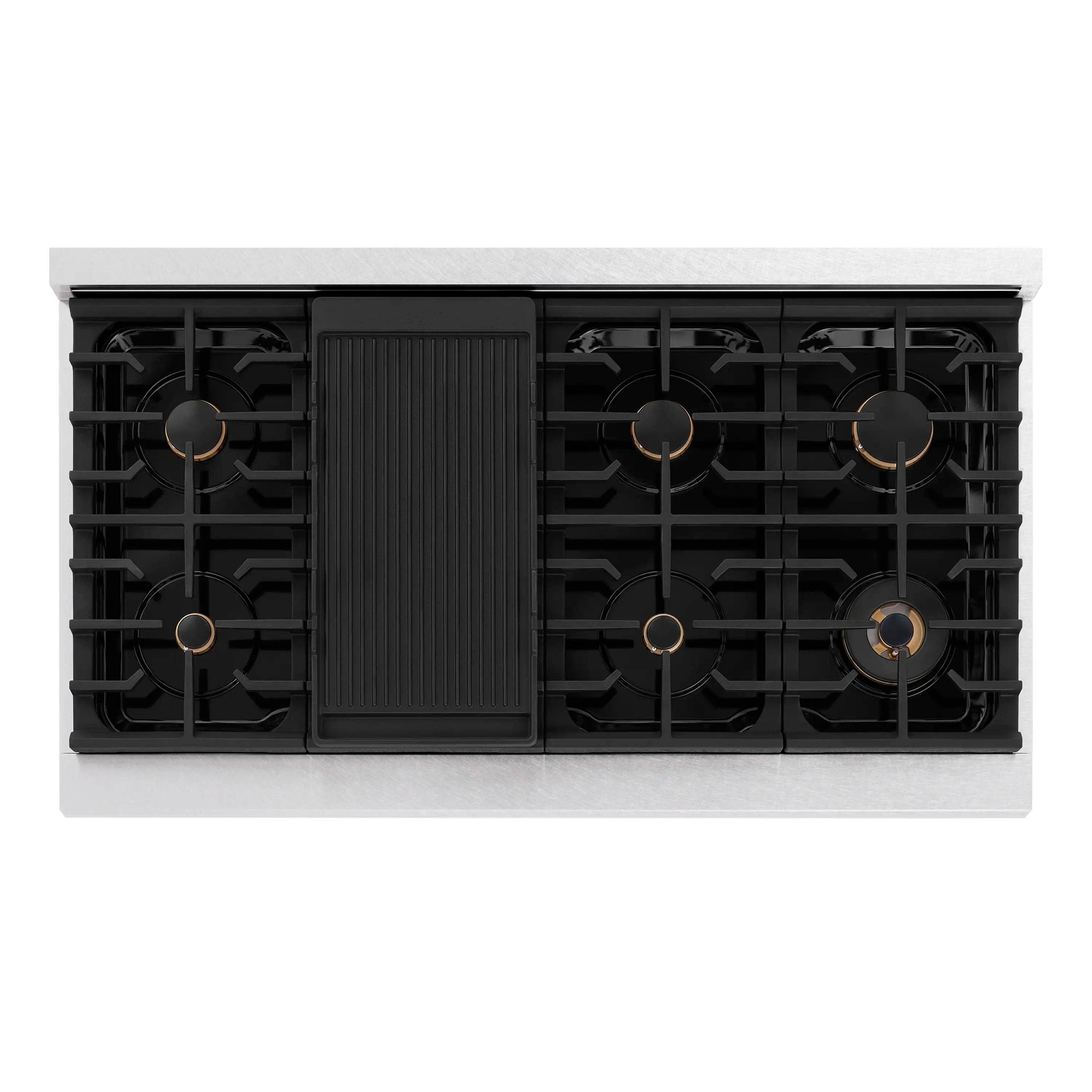 Top view of eight-burner configuration with black burner heads inside stainless frame