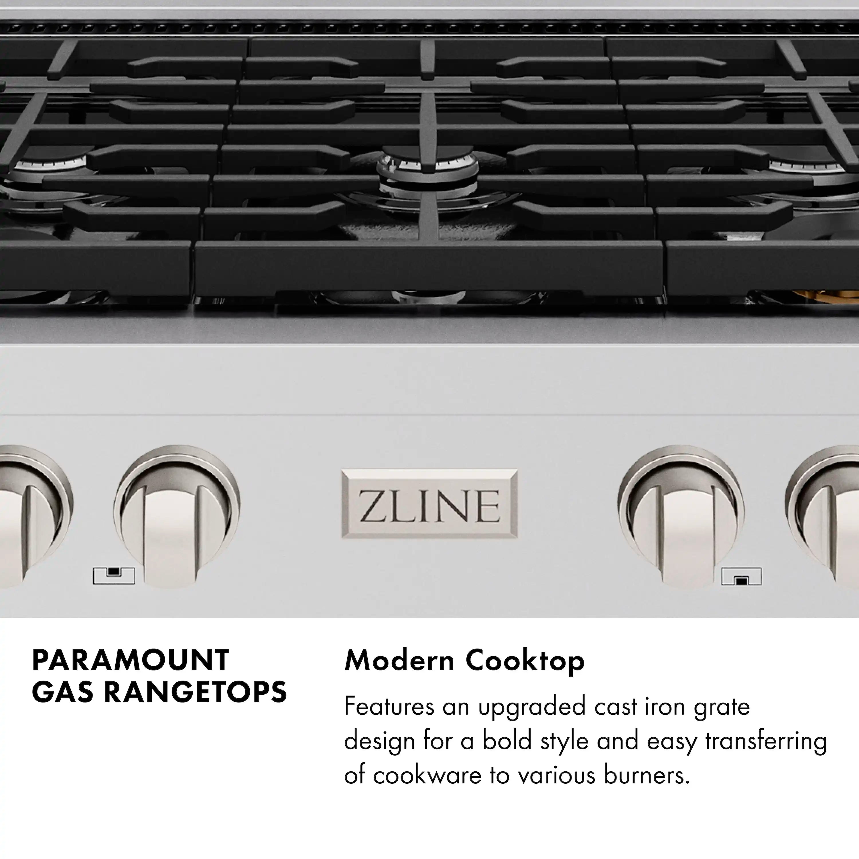 Stainless gas rangetop front controls with ZLINE badge and black grate top