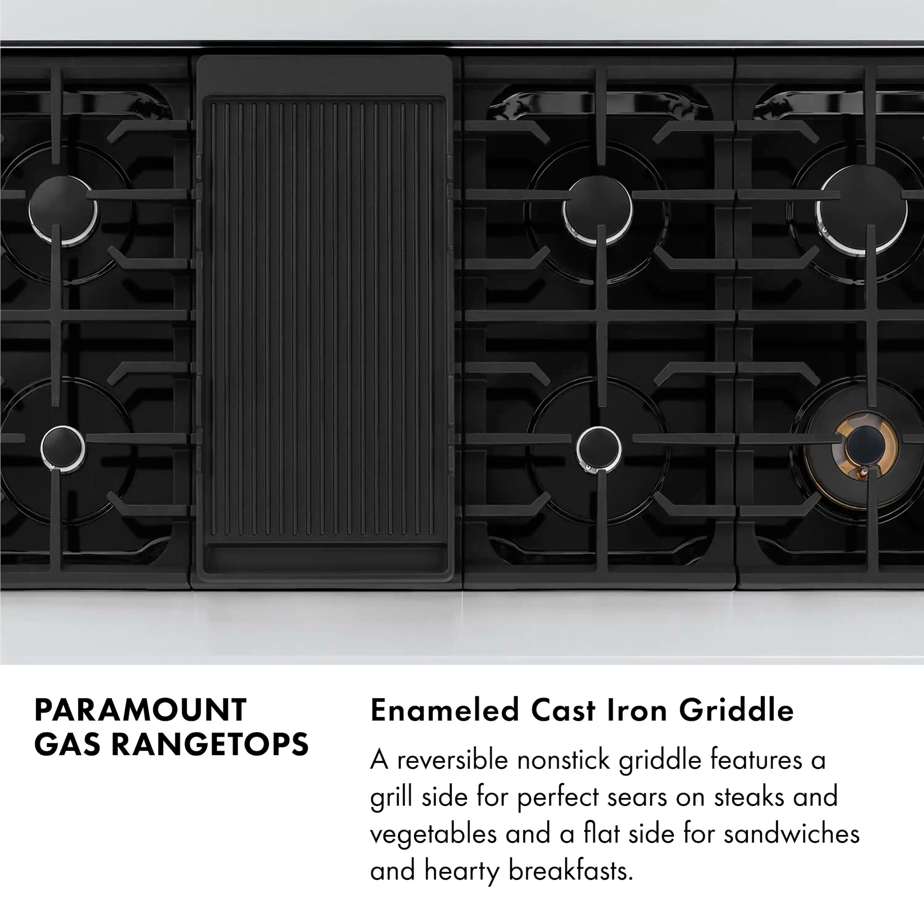 Gas rangetop with enameled cast iron griddle and black burner grate sections