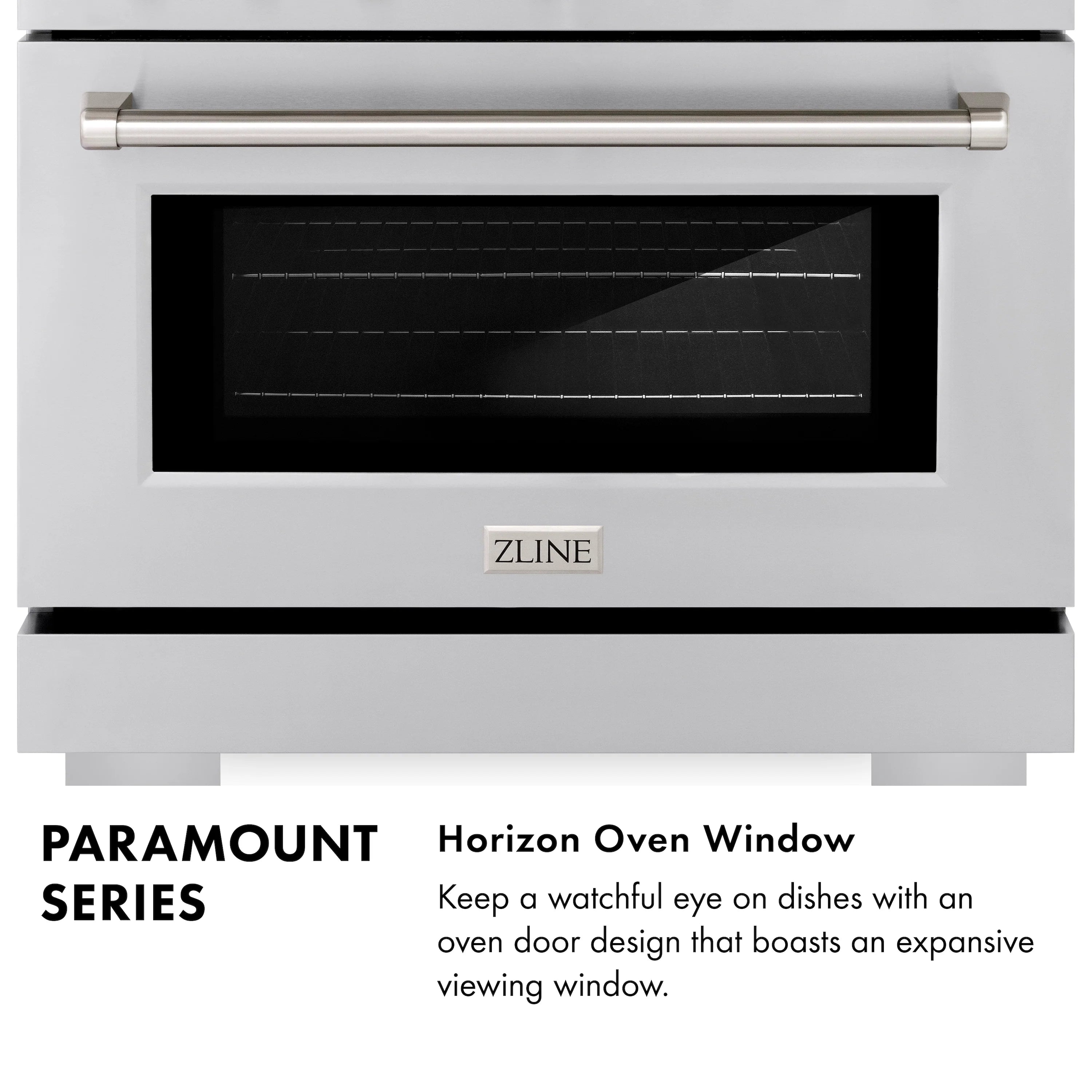 Stainless gas range with large oven viewing window and control panel