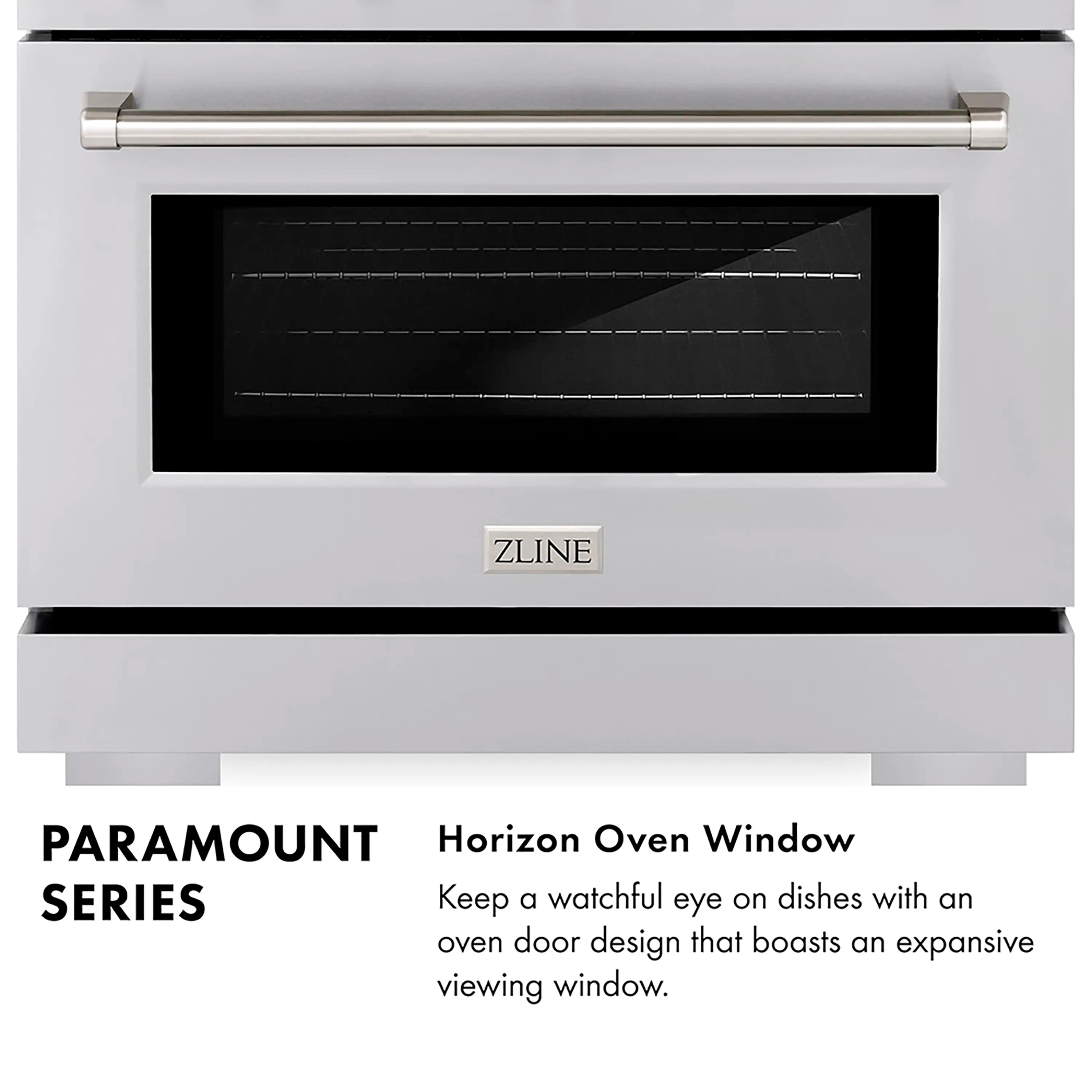 Gas range oven with stainless door and viewing window, ZLINE logo at center