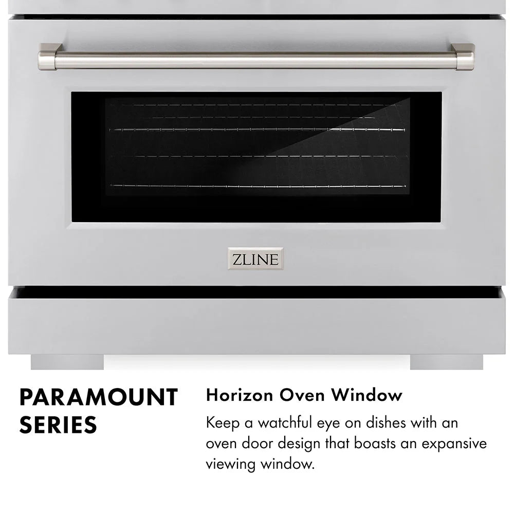 Stainless steel gas range with horizon oven window and ZLINE badge.