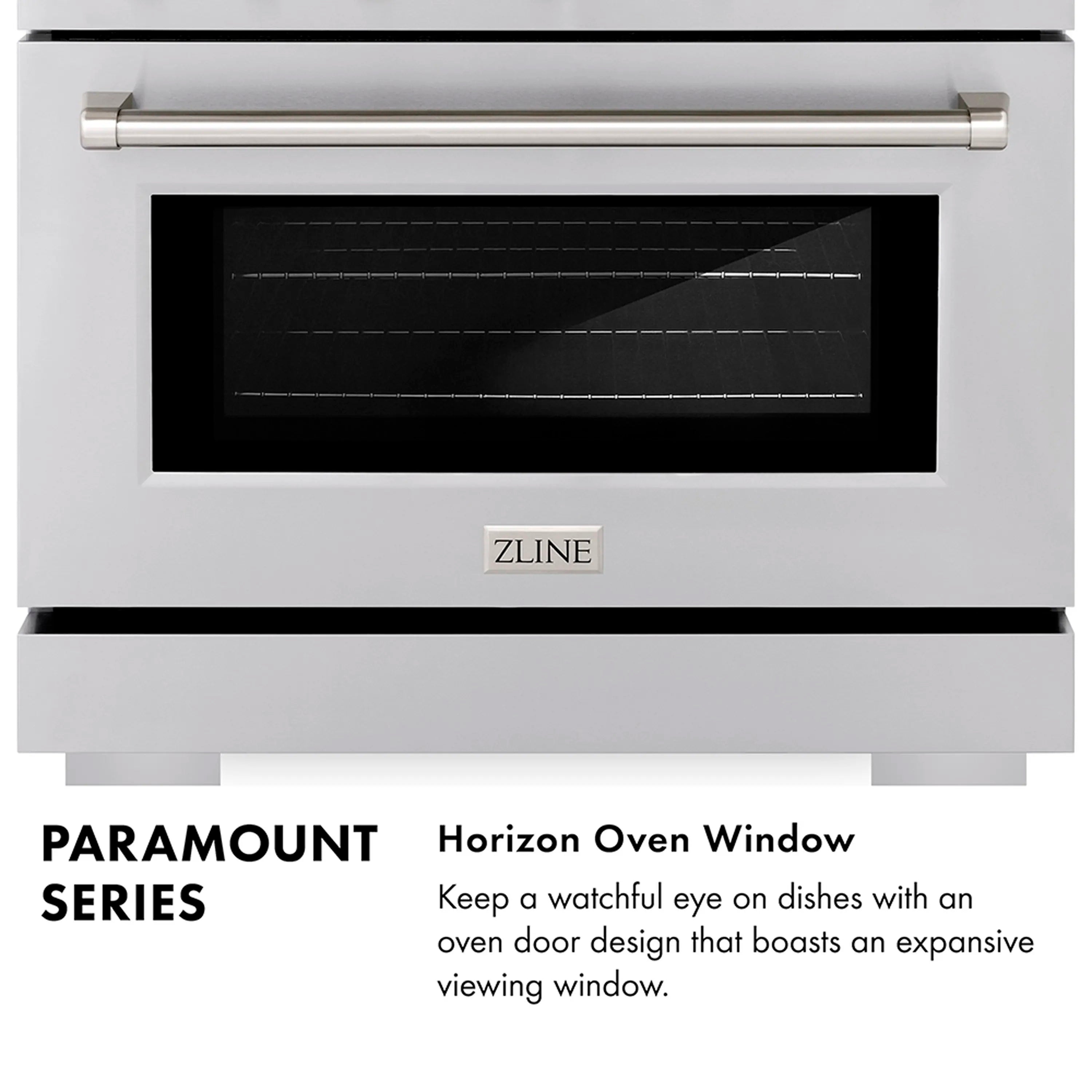 Stainless steel range with horizontal oven window and metal handle
