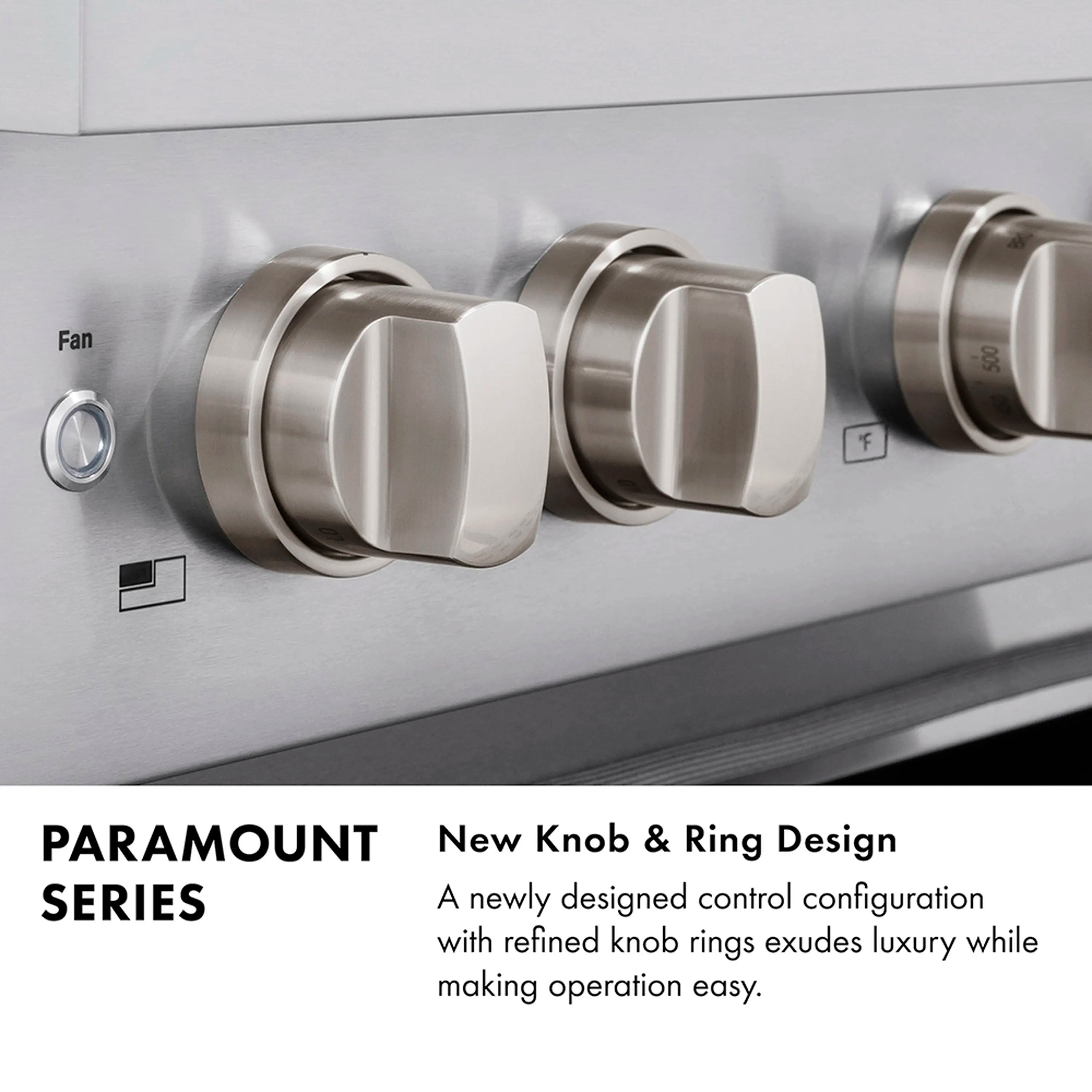 Stainless steel control panel with large knob rings for range settings