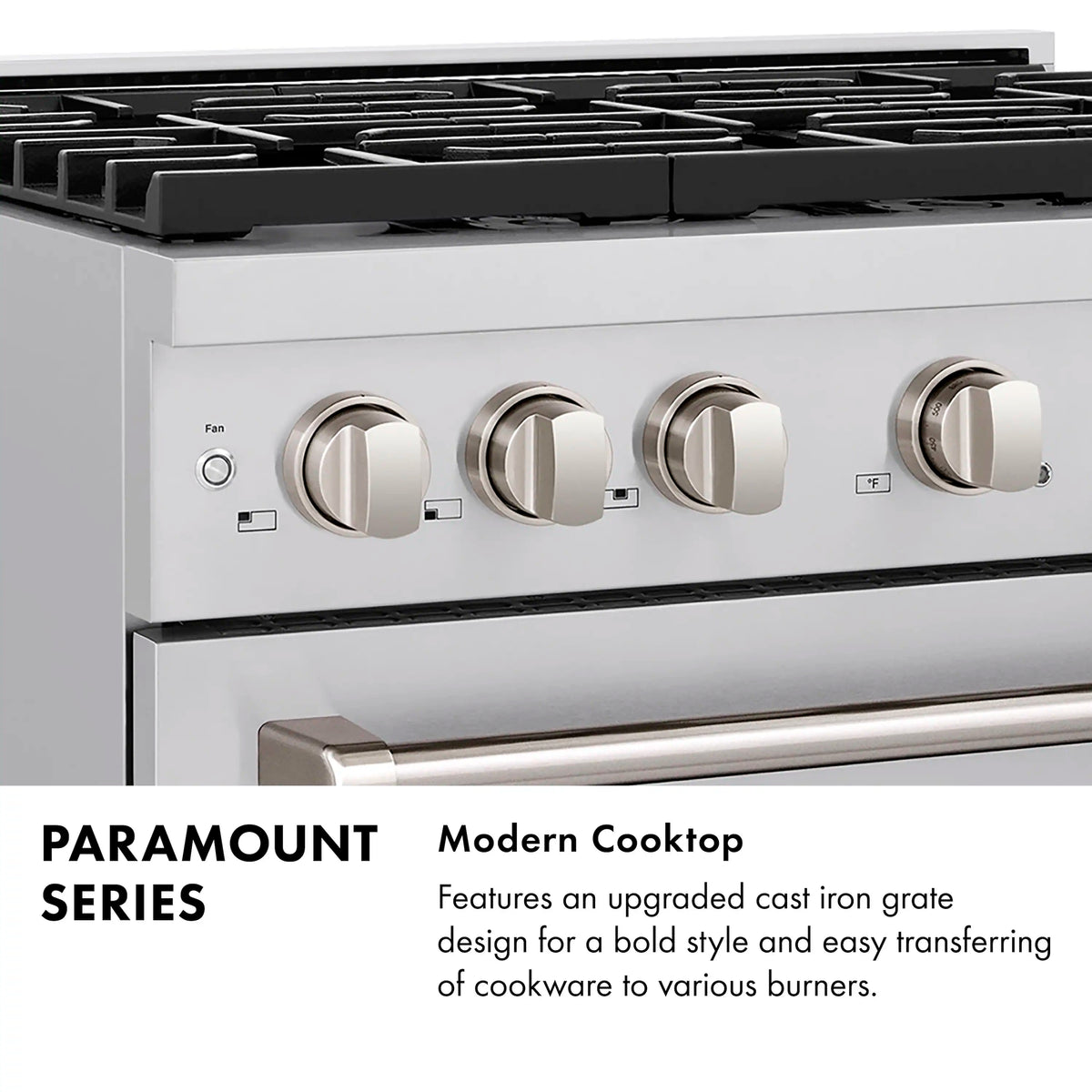 Gas range cooktop with cast-iron grates and control knobs on stainless steel