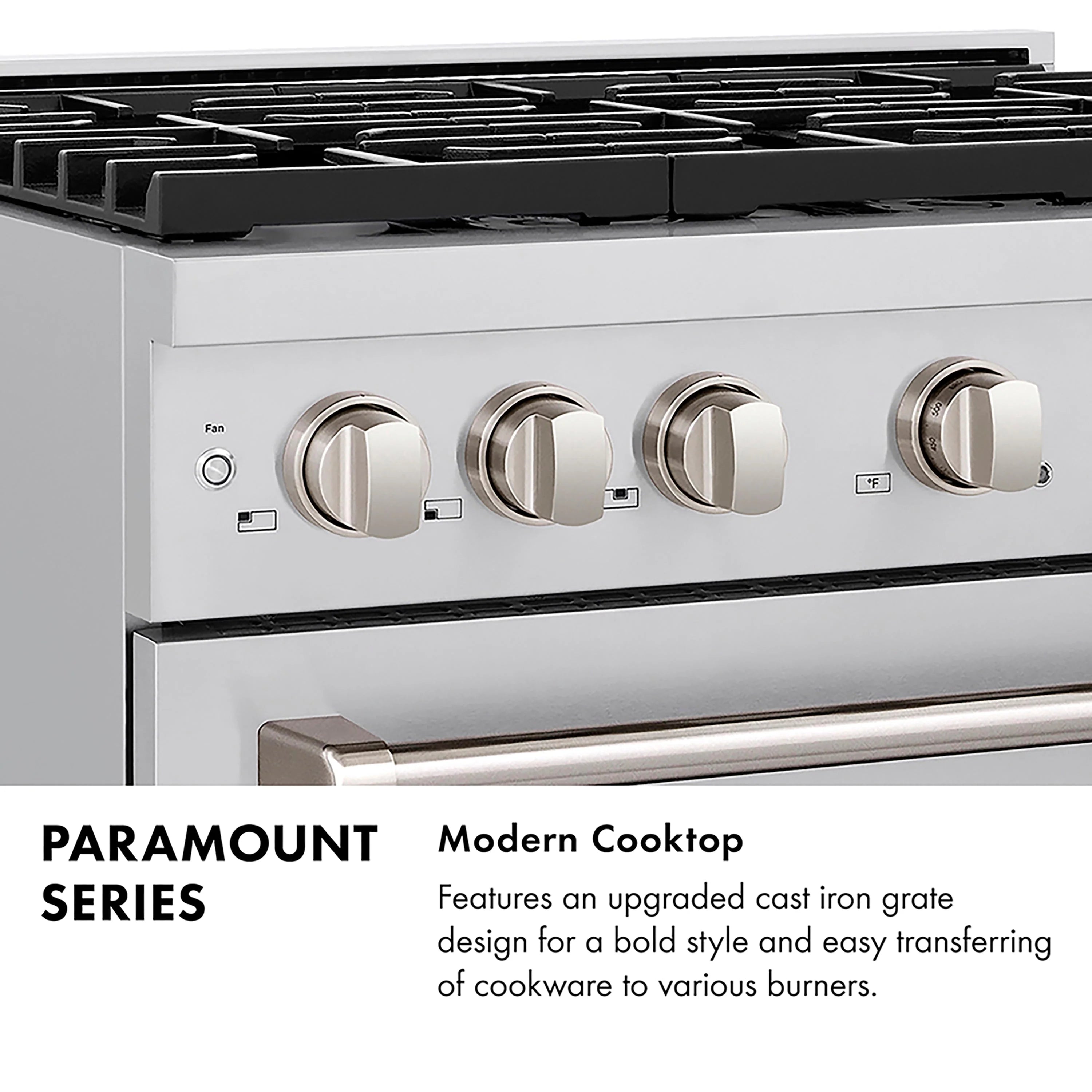 Gas range control panel with stainless knobs and black cooktop grates