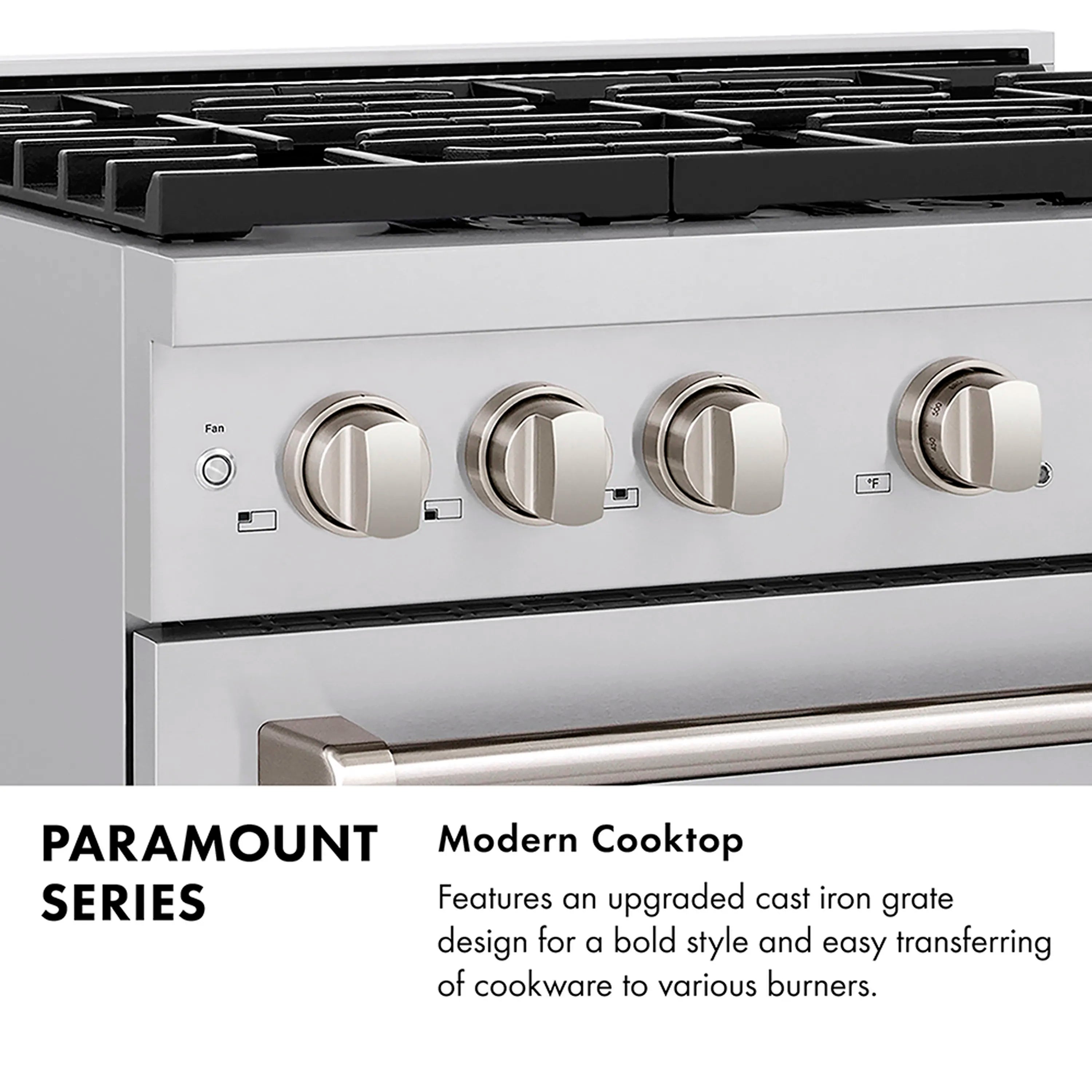 PARAMOUNT series cooktop control knobs above cast-iron grate surface