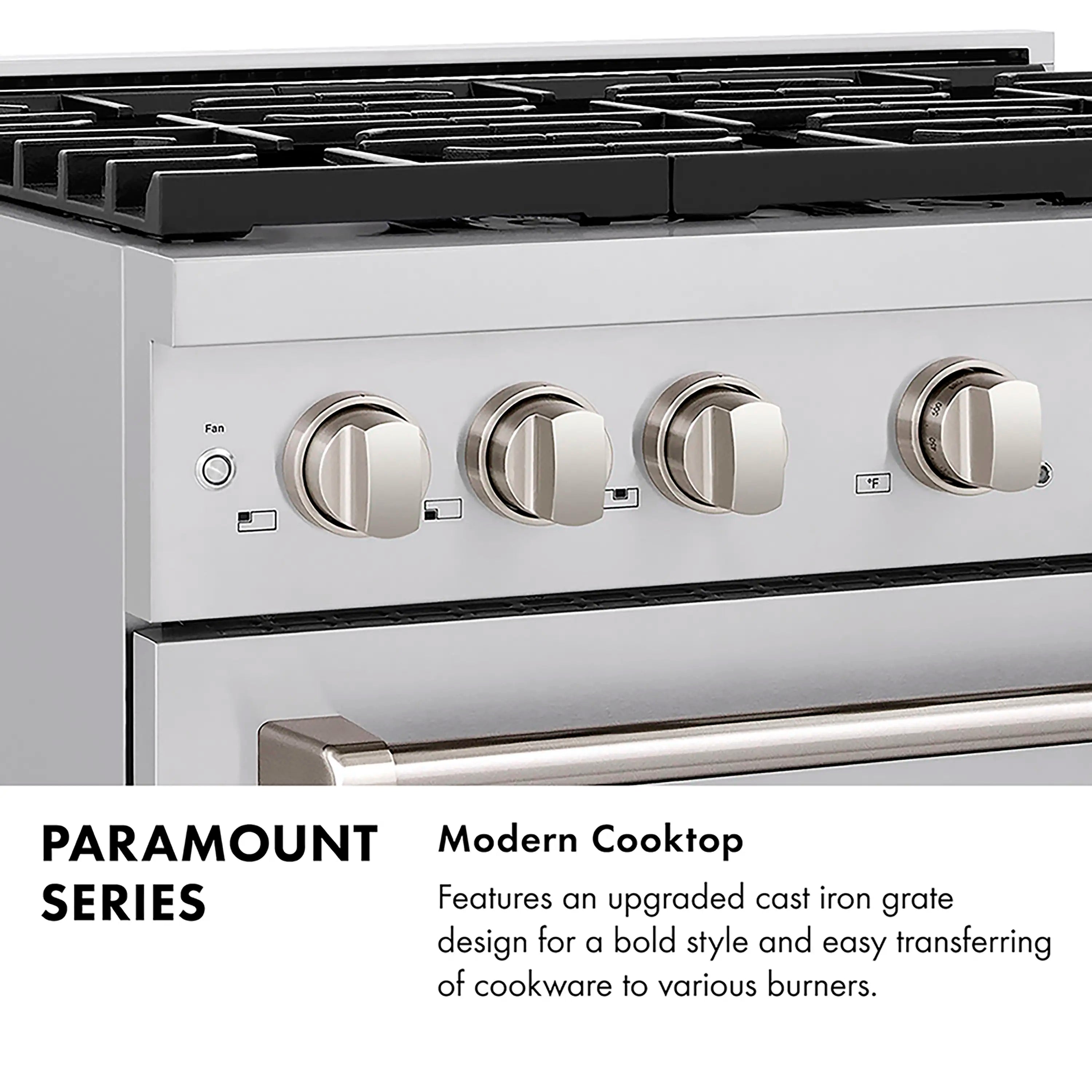 Stainless steel gas range with four cast-iron burner grates and knob controls