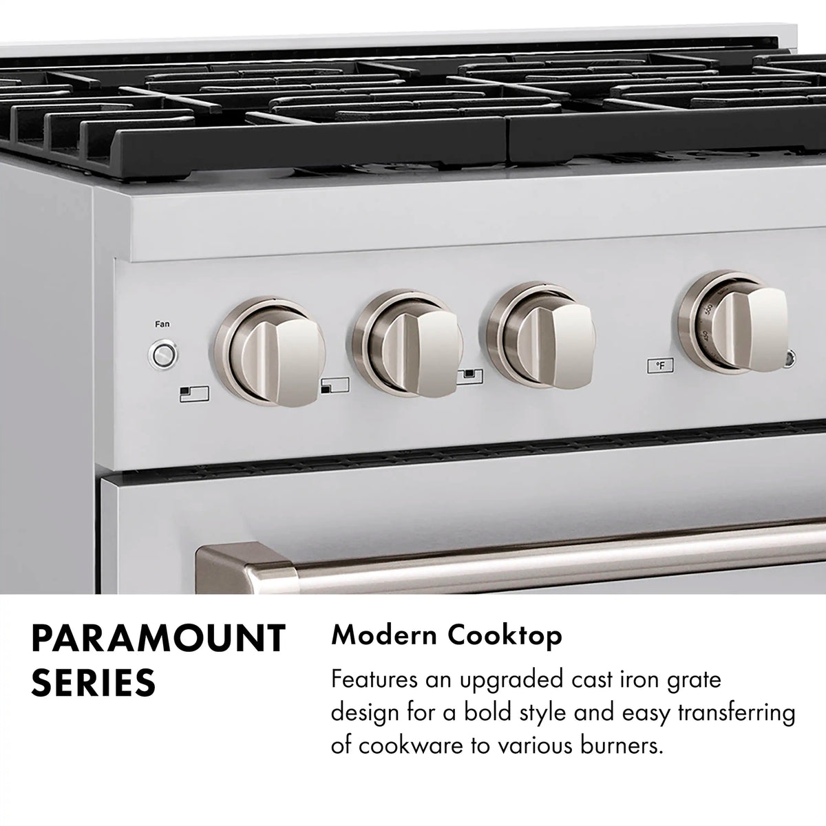 Black gas range cooktop with cast-iron grates and gold-ring control knobs