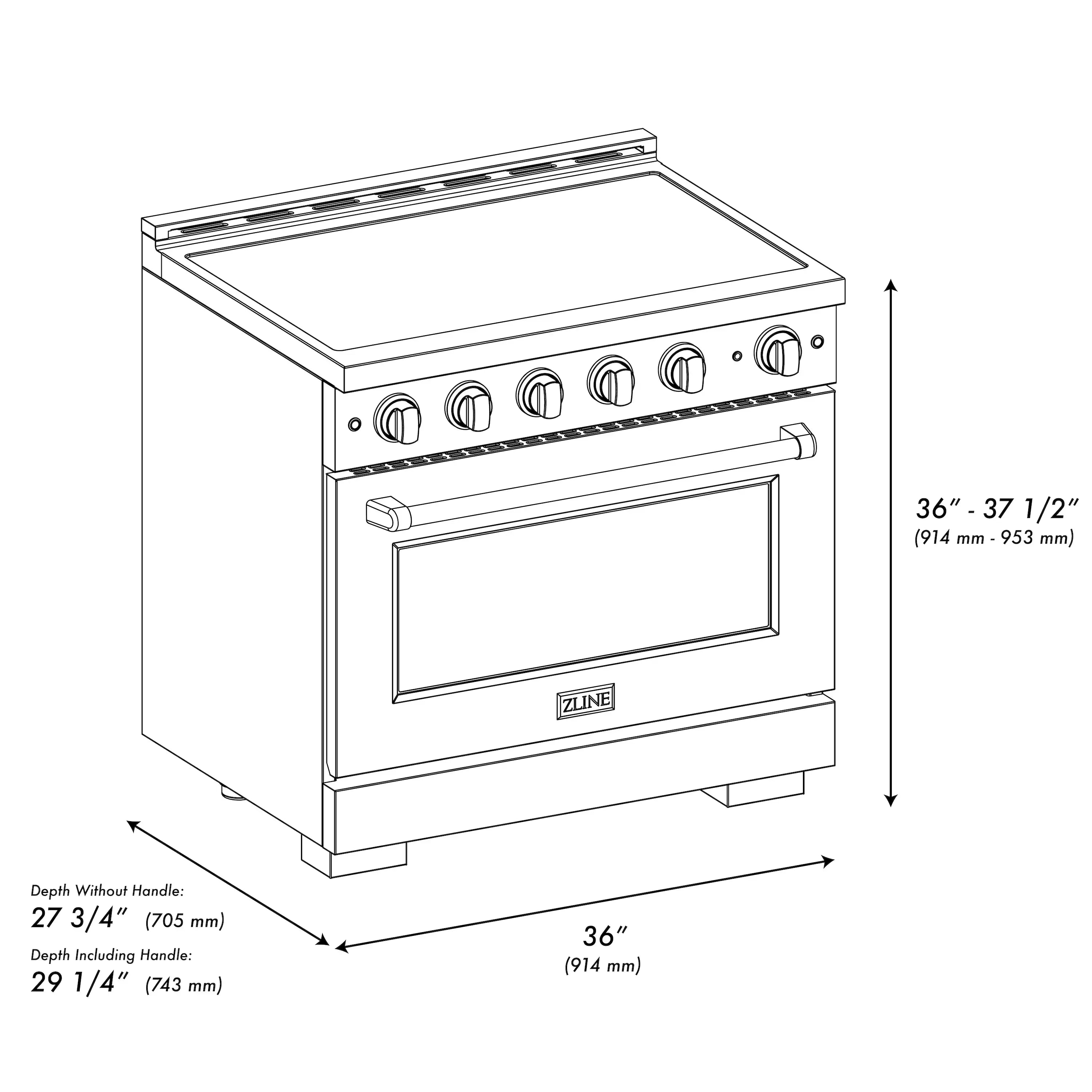 Black stainless induction range product diagram with front view and size dimensions