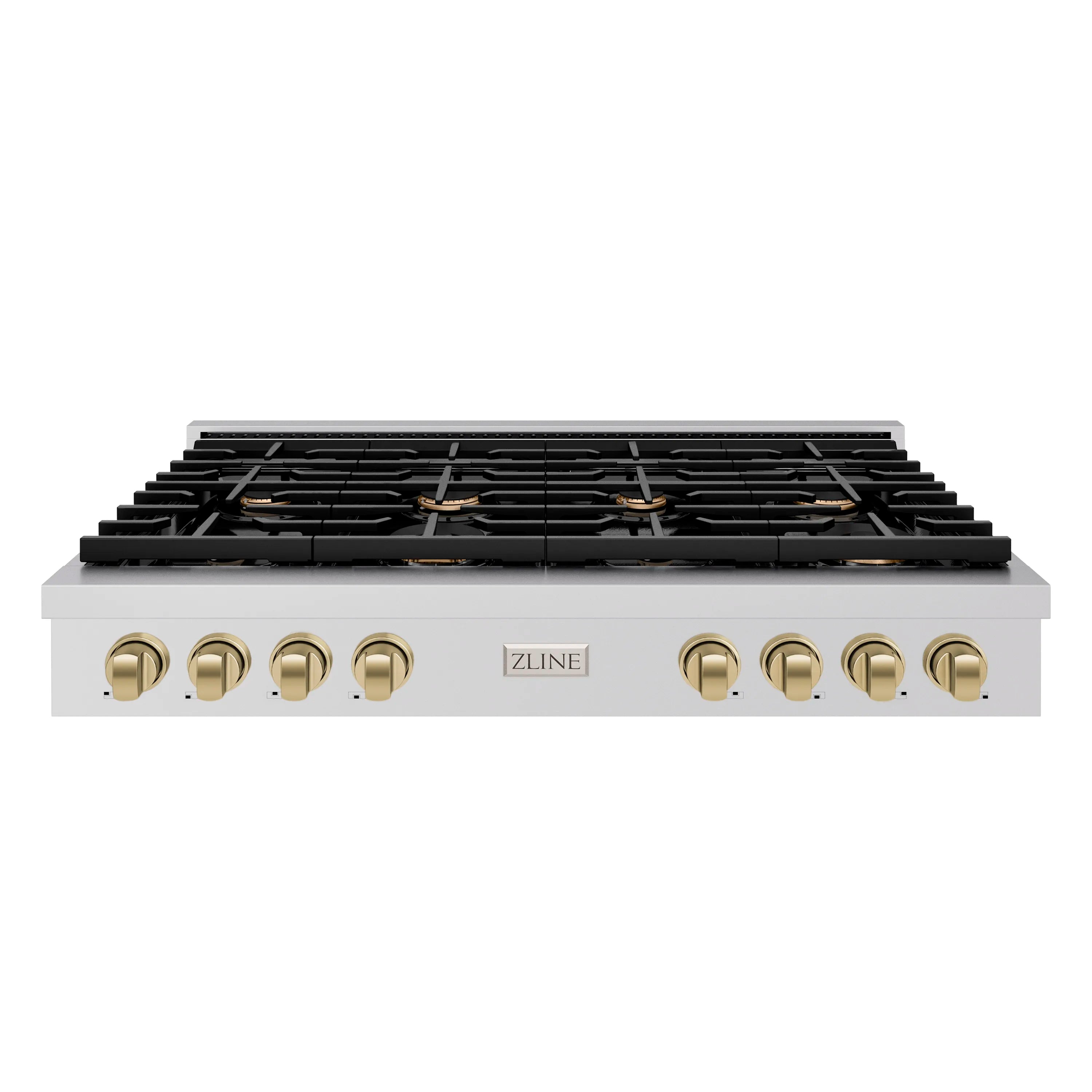Stainless gas rangetop with black grates and champagne-bronze knobs, front control panel