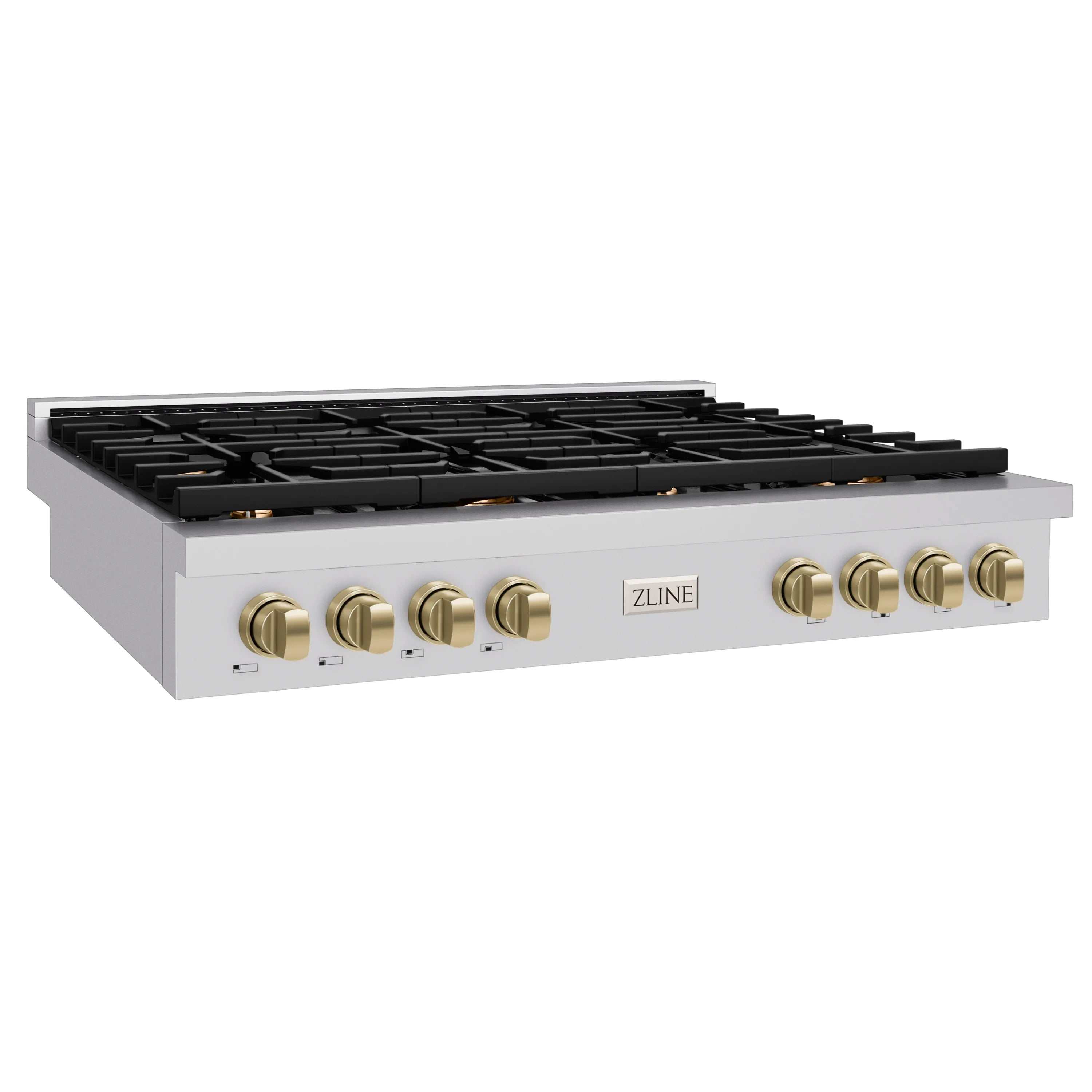 Stainless gas rangetop with black grates and champagne-bronze control knobs, 8 burners