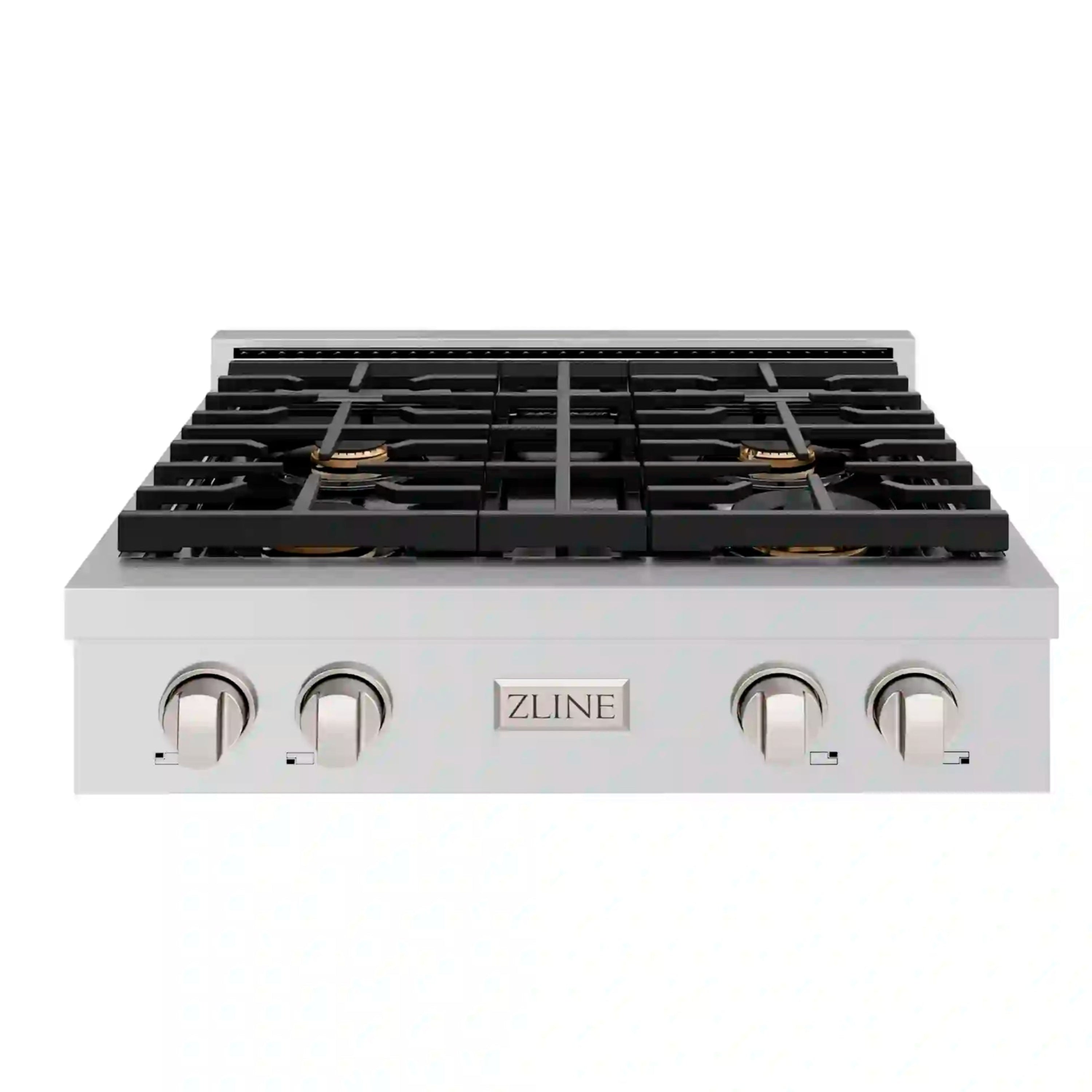 ZLINE 30-inch gas rangetop with four black grates and brass-ring burners on stainless base