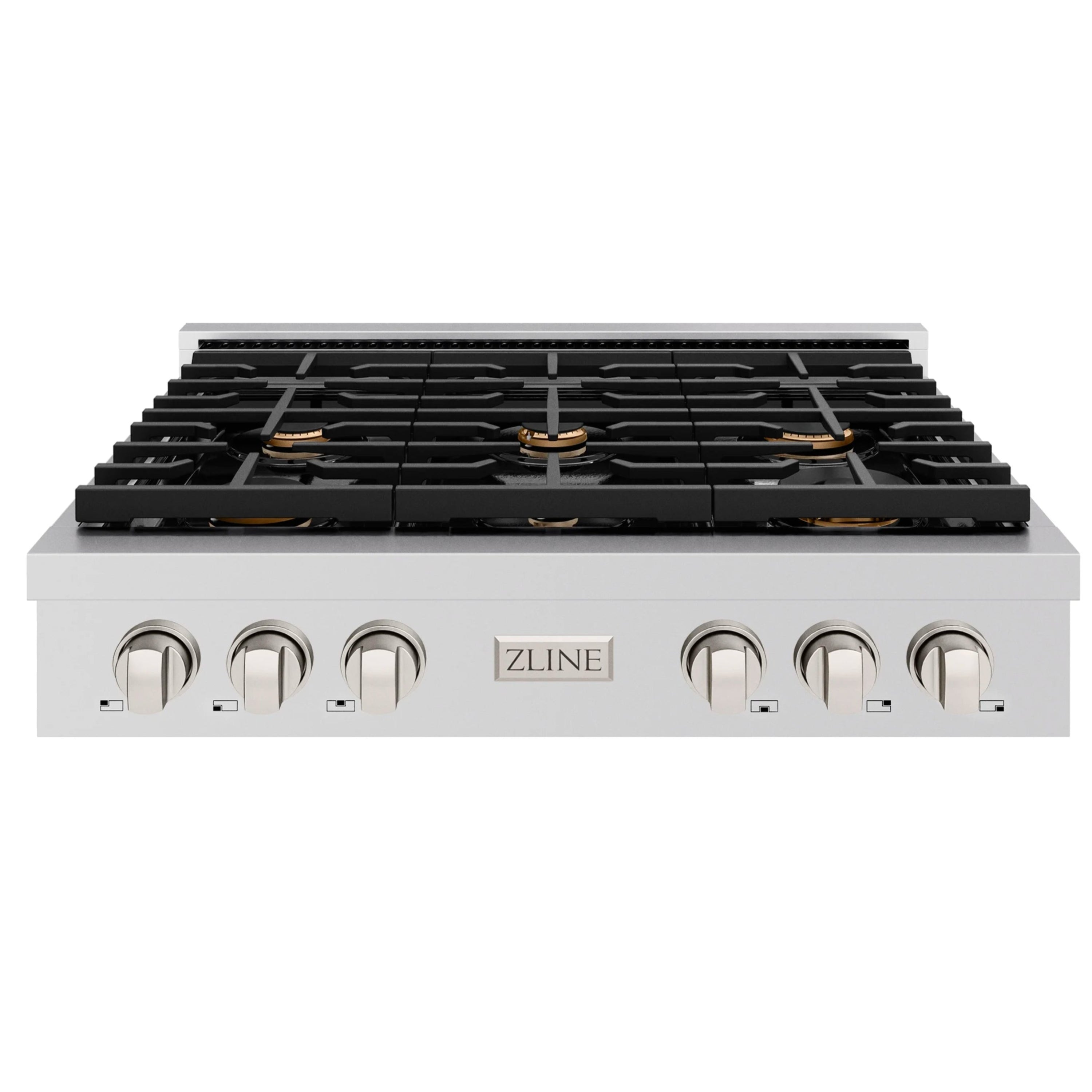 Front view stainless gas rangetop with six black grates and brass burner caps